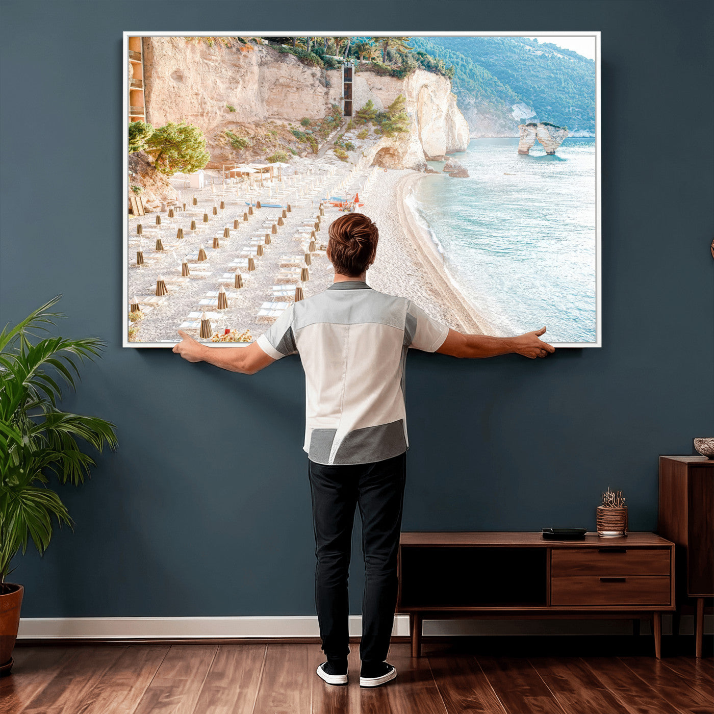 84816639-MGV-CV-36X24 - Sunny Beach Wall Art – Chairs & Umbrellas Canvas Print, Clear Water, Rocky Cliffs, Coastal Calm for Living Room or Vacation Home Decor