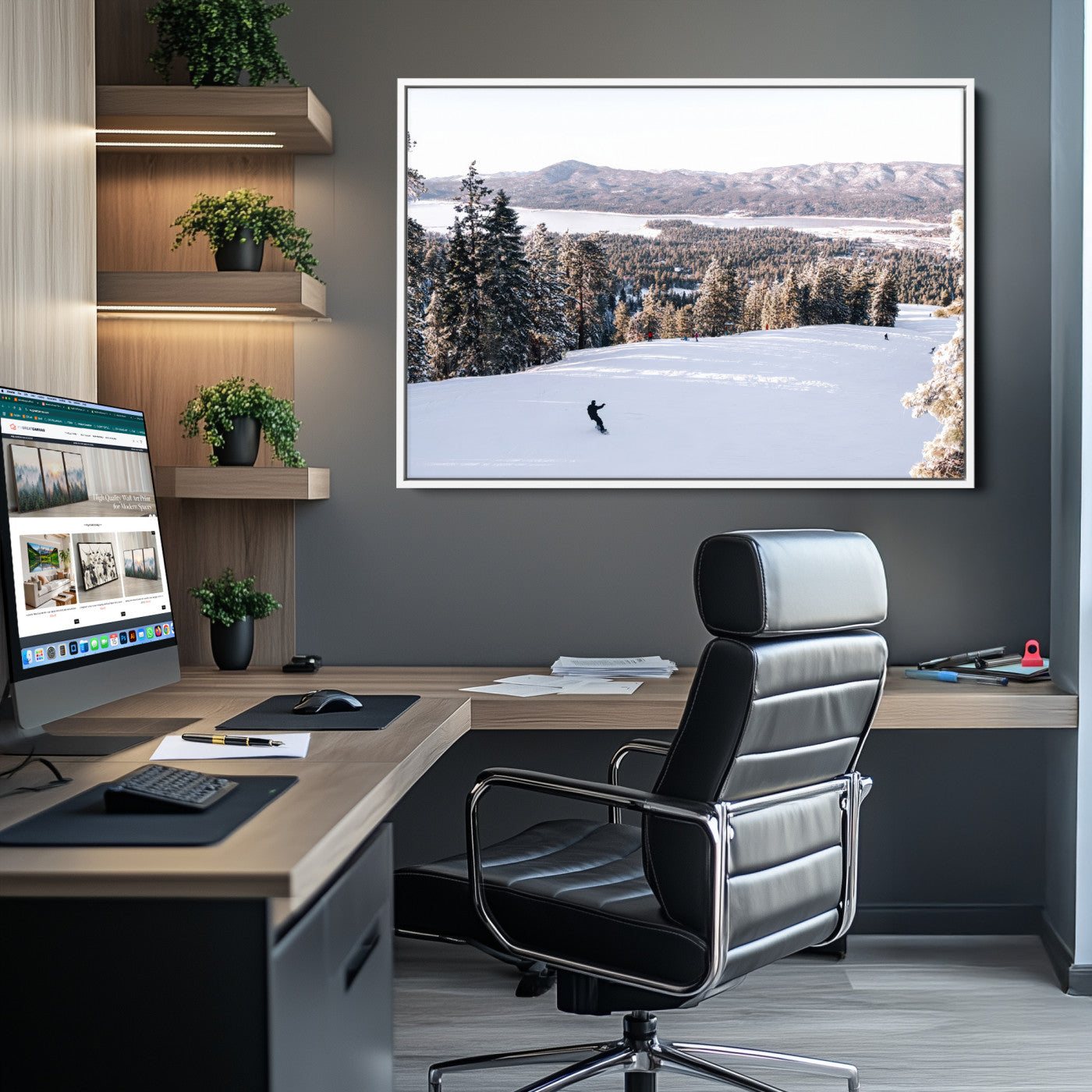 79857868-MGV-CV-36X24-Snowy Mountain Wall Art Canvas Print, Framed Ski Slope Art Picture Print, Winter Forest Perfect Rustic Decor, Framed Ski Slope Canvas