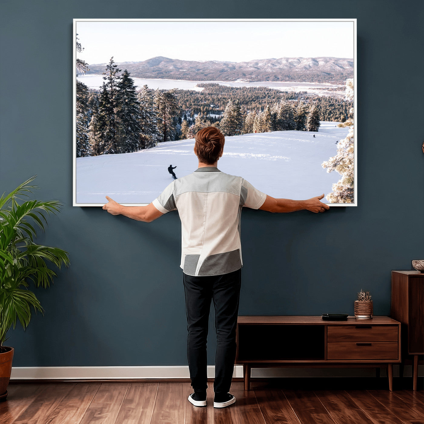 79857868-MGV-CV-36X24 - Snowboarder Wall Art – Winter Slope Canvas Print, Pine Forest, Snow-Covered Mountains, Outdoor Adventure for Living Room or Cabin Decor