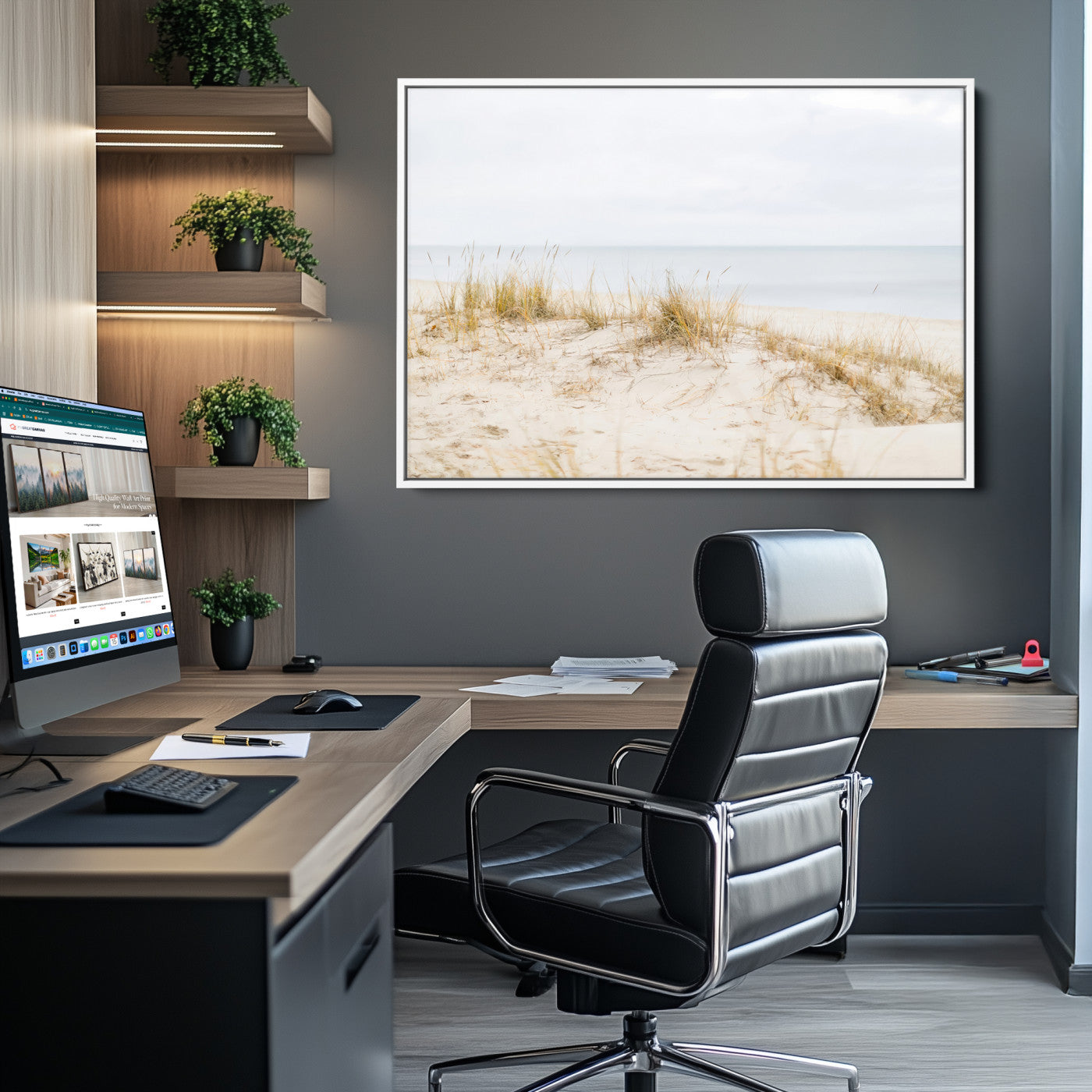 13146857-MGV-CV-36X24-Beach Dunes Wall Art Canvas Print, Framed Coastal Grass Art Picture Print, Sand Perfect Minimalist Decor, Framed Sand Dunes Canvas