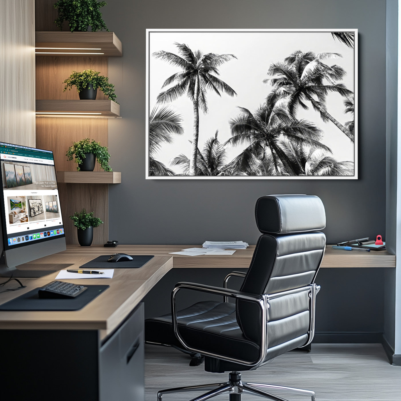 46641801-MGV-CV-40X27-Palm Wall Art Canvas Print, Framed Tropics Art Picture Print, Monochrome Perfect Minimalist Decor