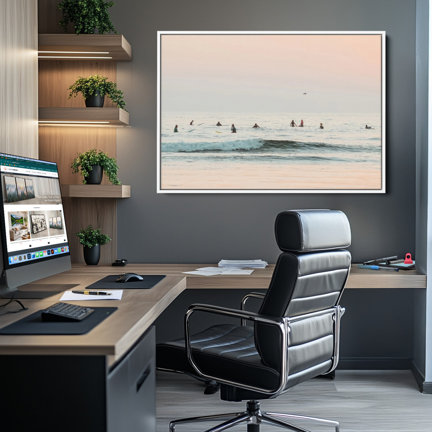 98888919-MGV-CV-36X24-Pastel Ocean Wall Art Canvas Print, Framed Soft Sunset Art Picture Print, Calm Sea Perfect minimalist Decor