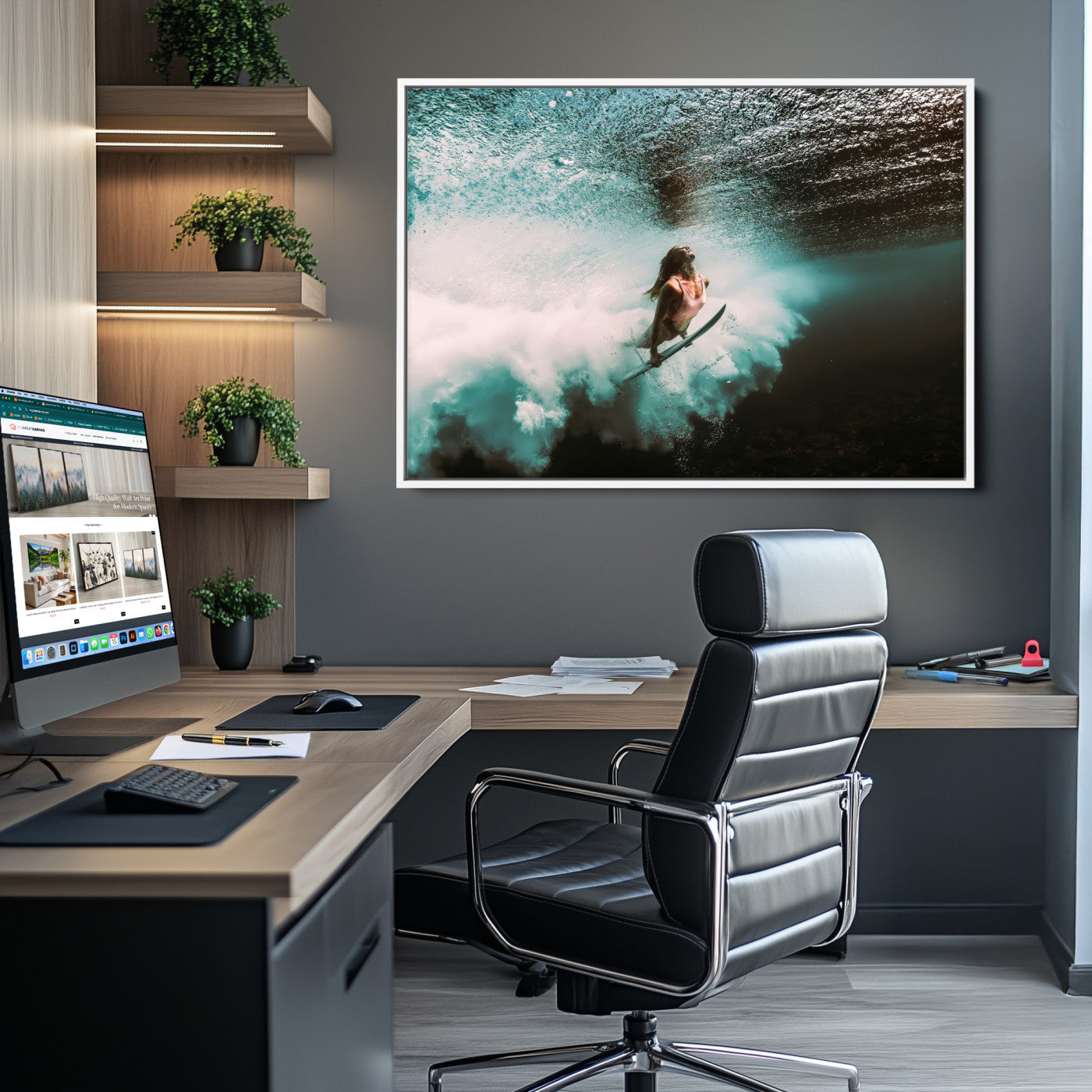 Vibrant Aquatic Motion Wall Art Canvas Print, Framed Underwater Swimming Art Picture Print, Female Surfer Diving Perfect Coastal Boho Decor,