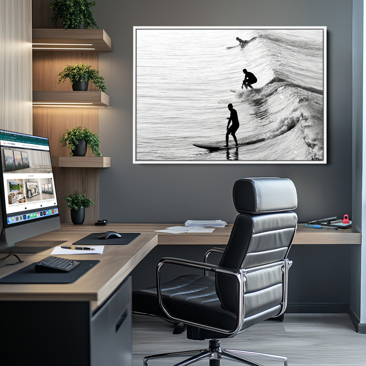 19875284-MGV-CV-36X24-Surfers on Waves Wall Art Canvas Print, Framed Black White Surf Art Picture Print, Monochrome Ocean Perfect Modern Coastal Decor, Surfers on