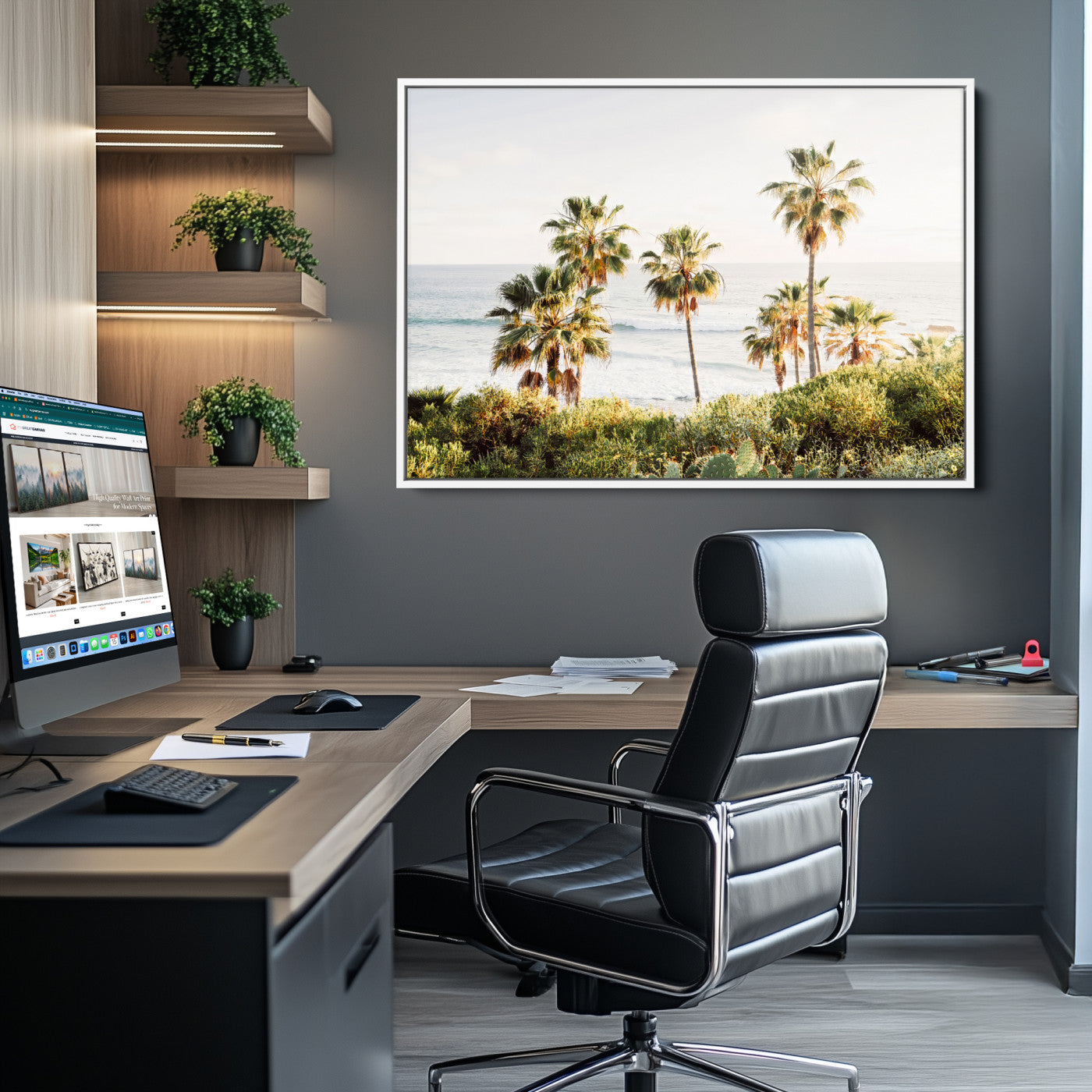94707294-MGV-CV-36X24-California Coast Wall Art Canvas Print, Framed Palm Trees Art Picture Print, Coastal Landscape Perfect Coastal Minimalist Decor