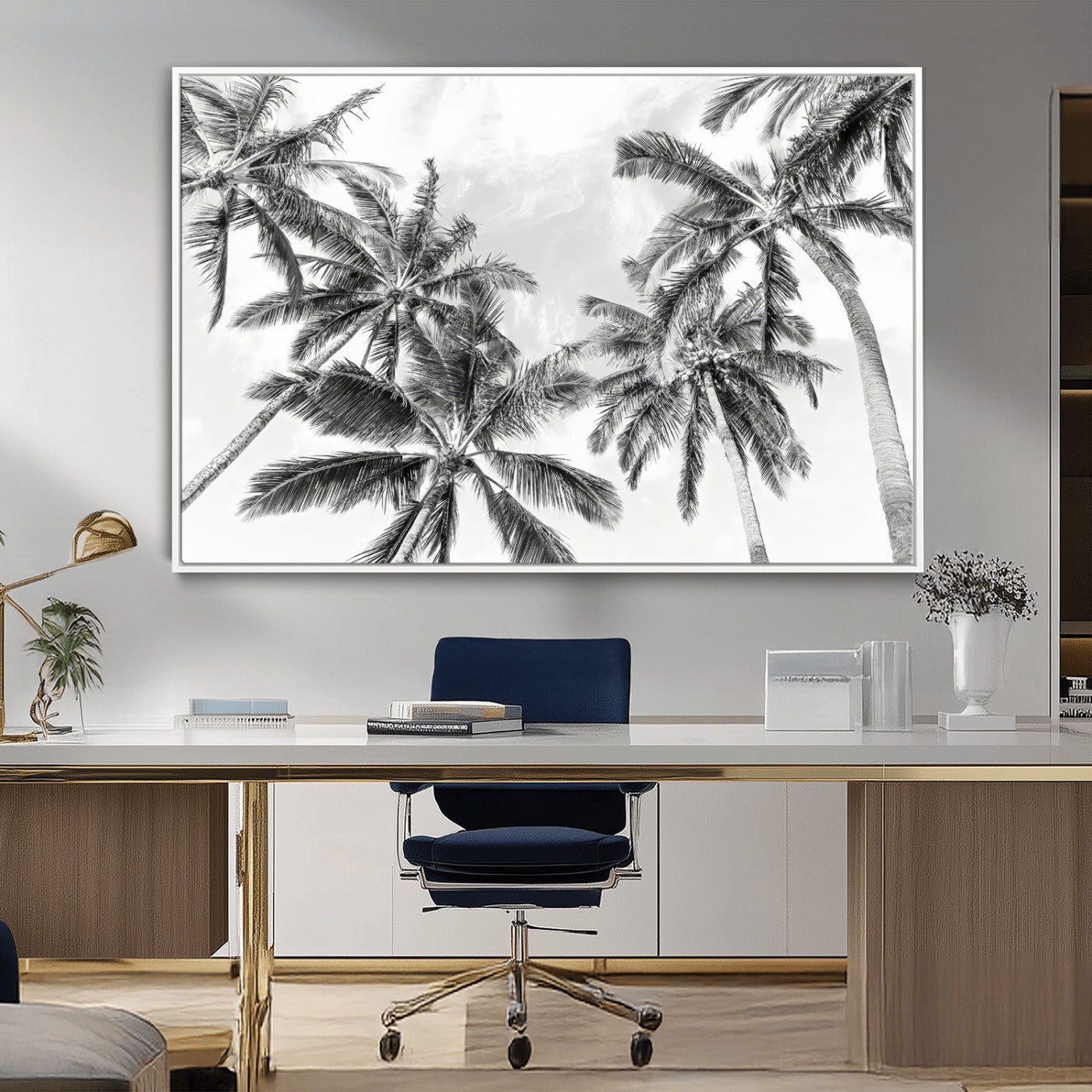 MGV-FC-36X24 - Black White Palm Wall Art Canvas Print, Framed Monochrome Tropics Art Picture Print, Minimalist Beach Perfect Coastal Minimalist Decor Artwork