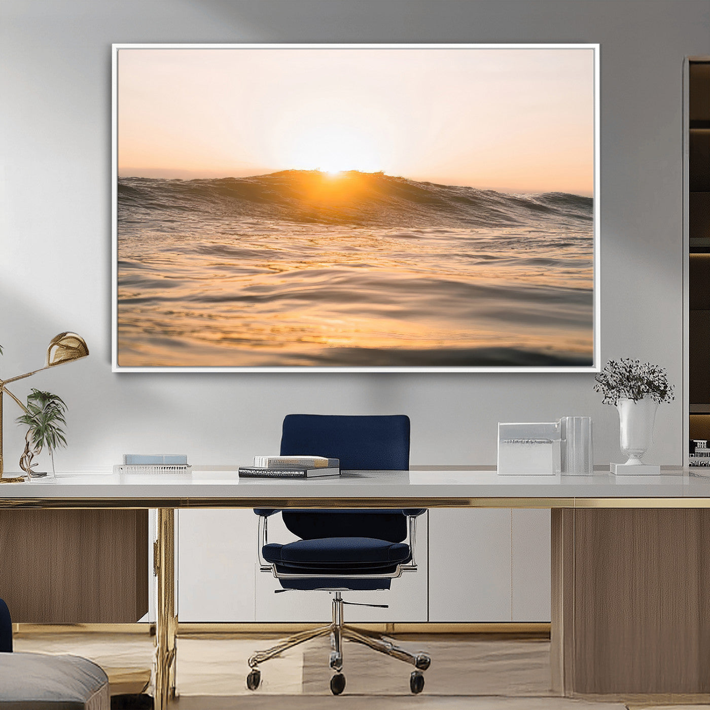 MGV-FC-36X24 - Calm Water Wall Art Canvas Print, Framed Sunset Waves Art Picture Print, Coastal Warmth Perfect Warm Minimalist Decor Artwork