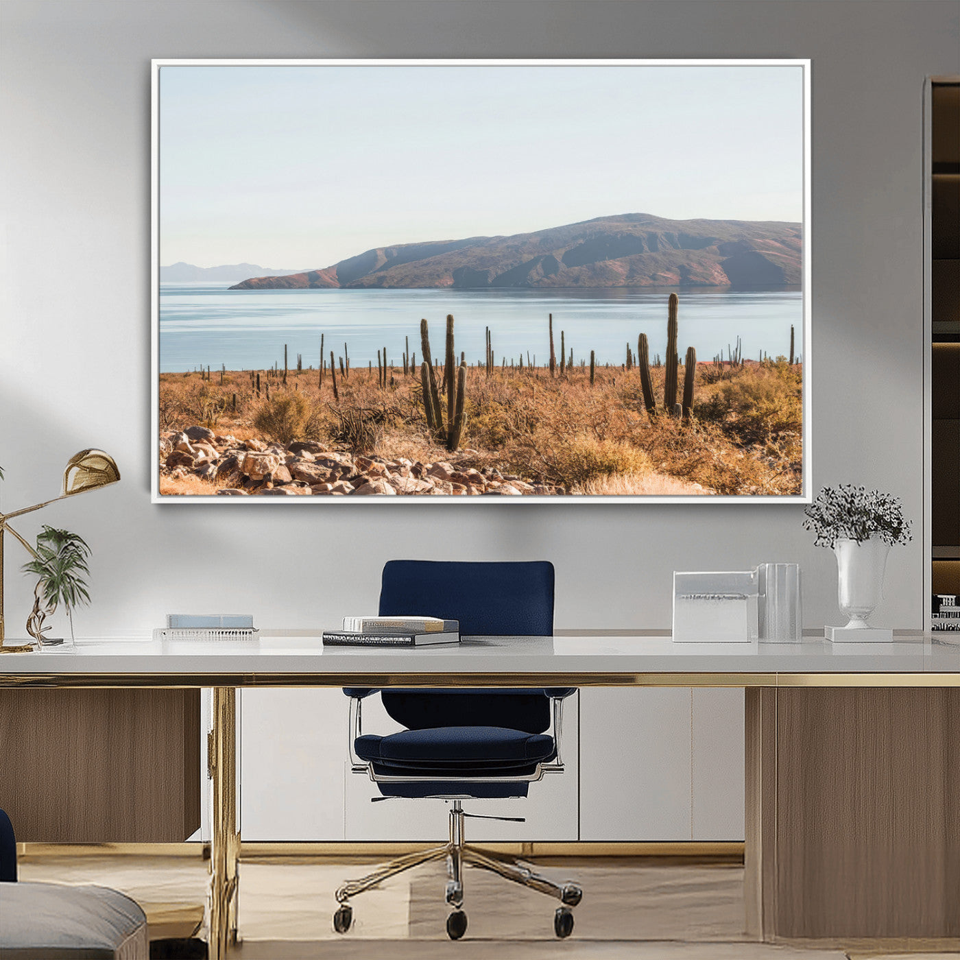 MGV-FC-36X24 - Desert Cactus Wall Art Canvas Print, Framed Baja Coastline Art Picture Print, Coastal Desert Perfect Southwestern Minimalist Decor Artwork