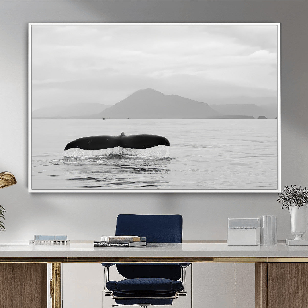 MGV-FC-36X24 - Whale Tail Wall Art Canvas Print, Framed Black White Ocean Art Picture Print, Calm Marine Perfect Minimalist Coastal Decor Artwork