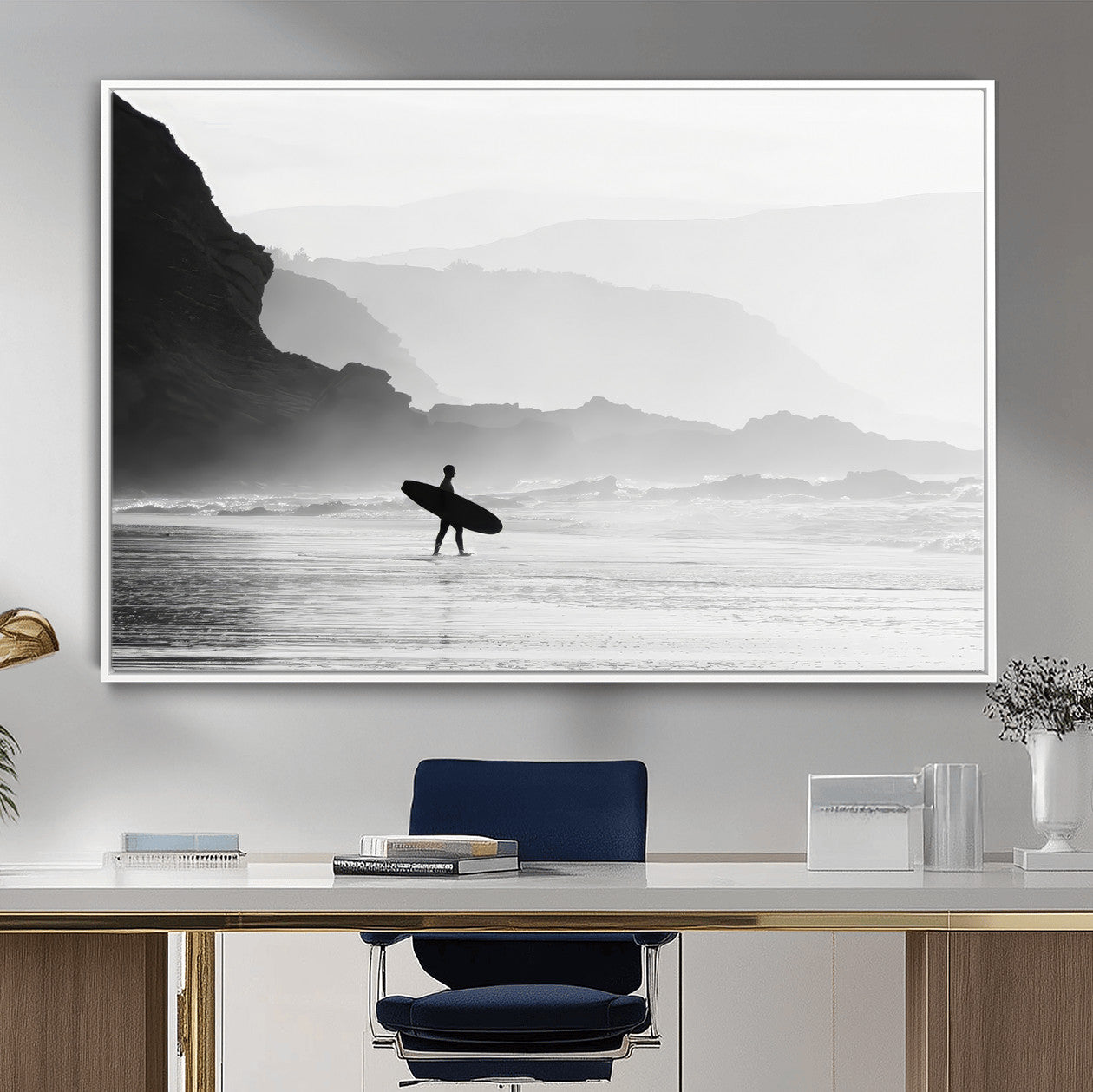 69956934-MGV-CV-36X24-Surfer Beach Wall Art – Framed Black White Ocean Canvas Artwork, Misty Coastal Design, Minimal Surf Decor for Home, Office
