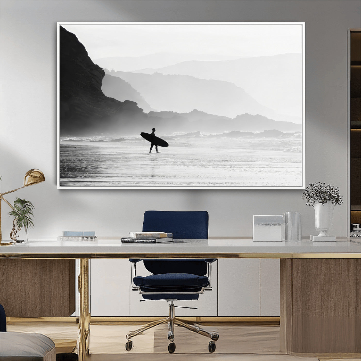 MGV-FC-36X24 - Surfer In Fog Wall Art Canvas Print, Framed Moody Shoreline Art Picture Print, Cliffside Waves Perfect Minimalist Coastal Decor Artwork