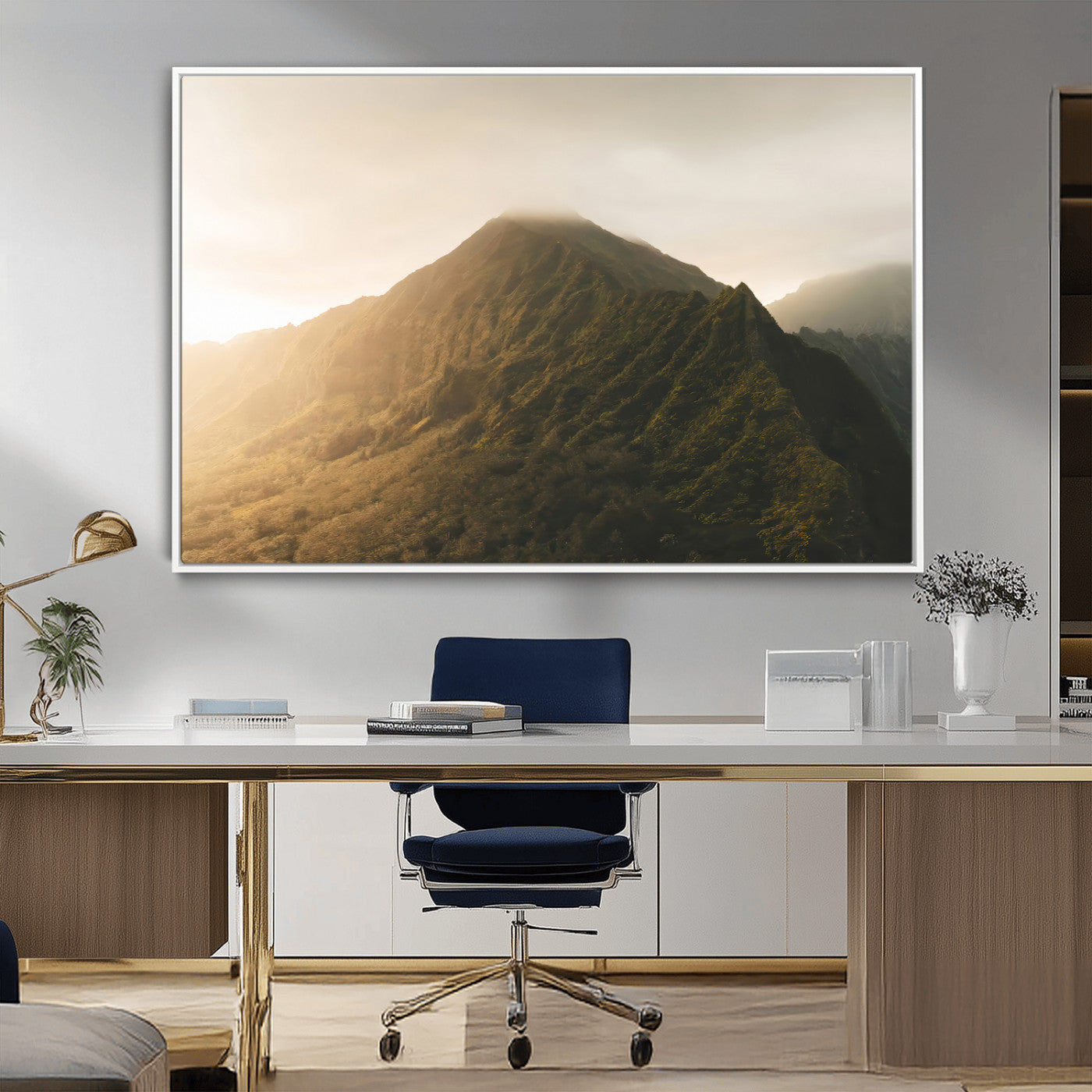 MGV-FC-36X24 - Golden Mountain Wall Art Canvas Print, Framed Misty Summit Art Picture Print, Rugged Landscape Perfect Moody Wilderness Decor Artwork