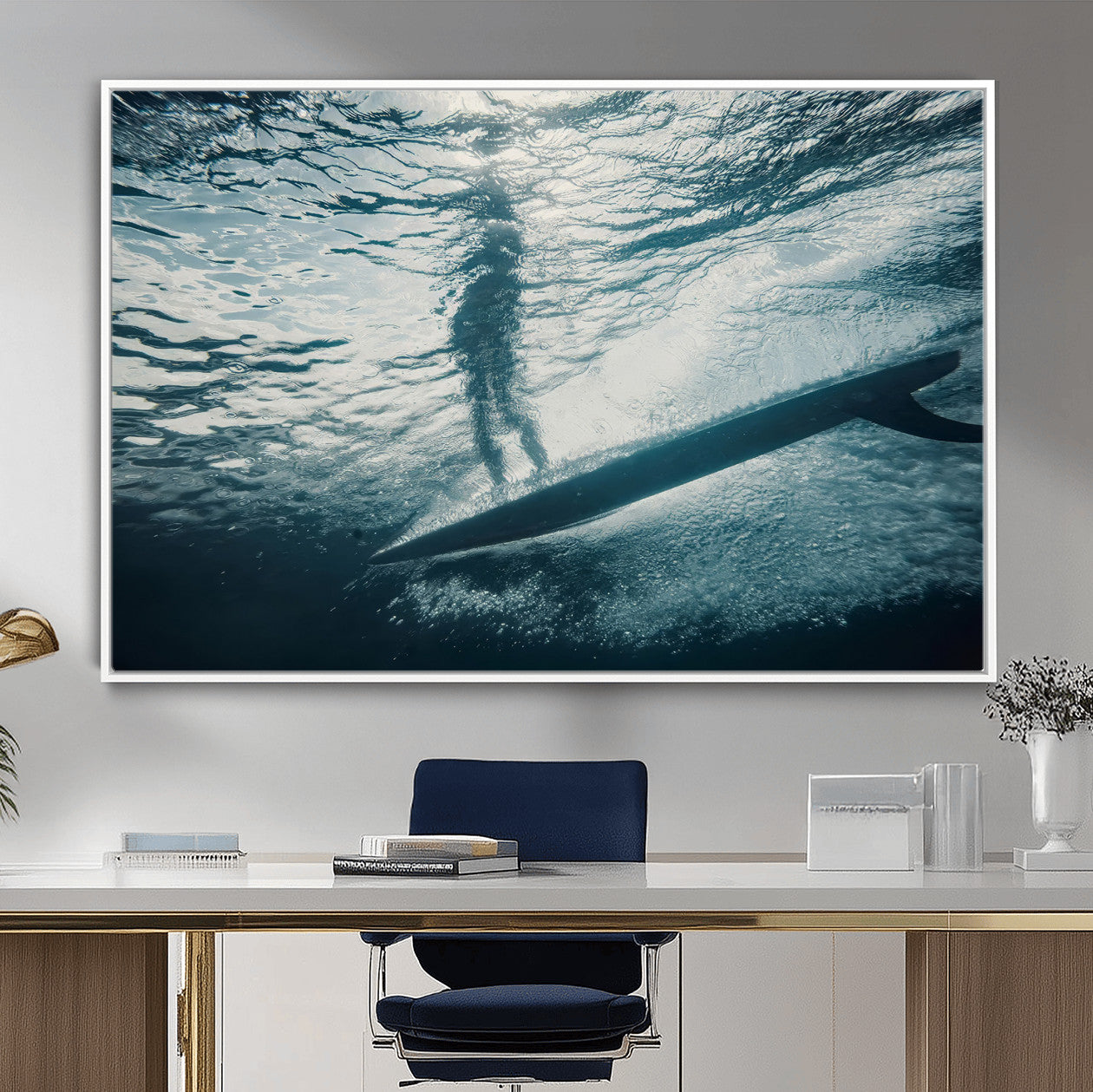 71192524-MGV-CV-36X24-Underwater Surf Wall Art – Framed Ocean Wave Canvas Artwork, Aquatic Surfboard Design, Modern Coastal Decor for Home, Office
