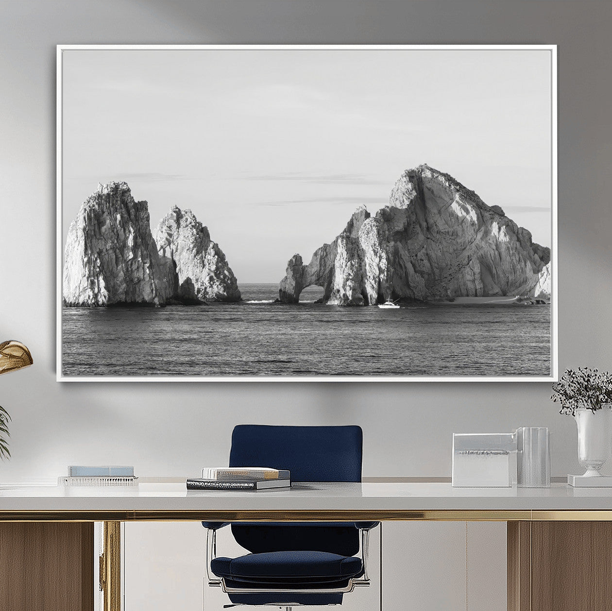 MGV-FC-36X24 - Rugged Coastline Wall Art Canvas Print, Framed Ocean Cliffs Art Picture Print, Monochrome Seascape Perfect Coastal Minimalist Decor Artwork