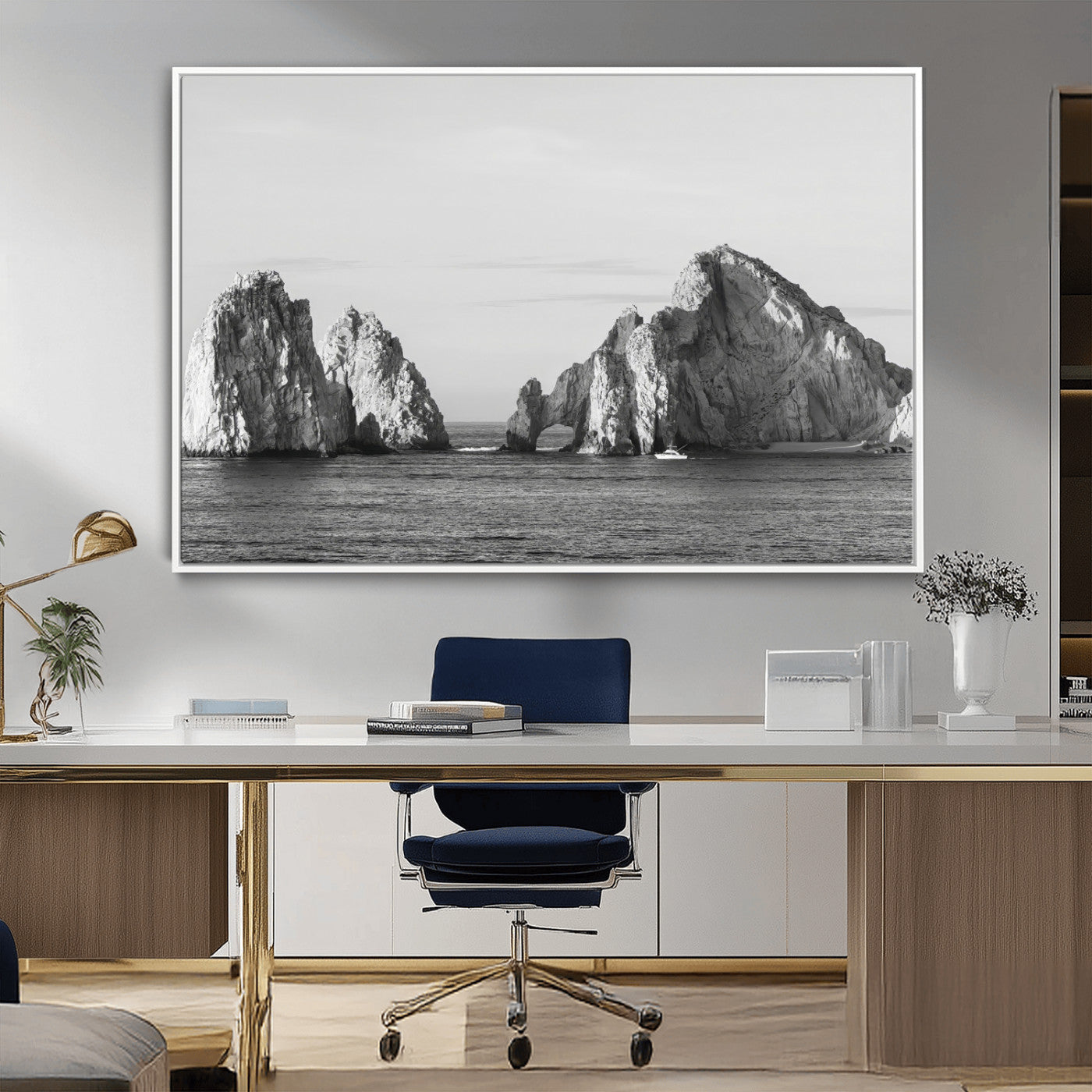 MGV-FC-36X24 - Rugged Coastline Wall Art Canvas Print, Framed Ocean Cliffs Art Picture Print, Monochrome Seascape Perfect Coastal Minimalist Decor Artwork