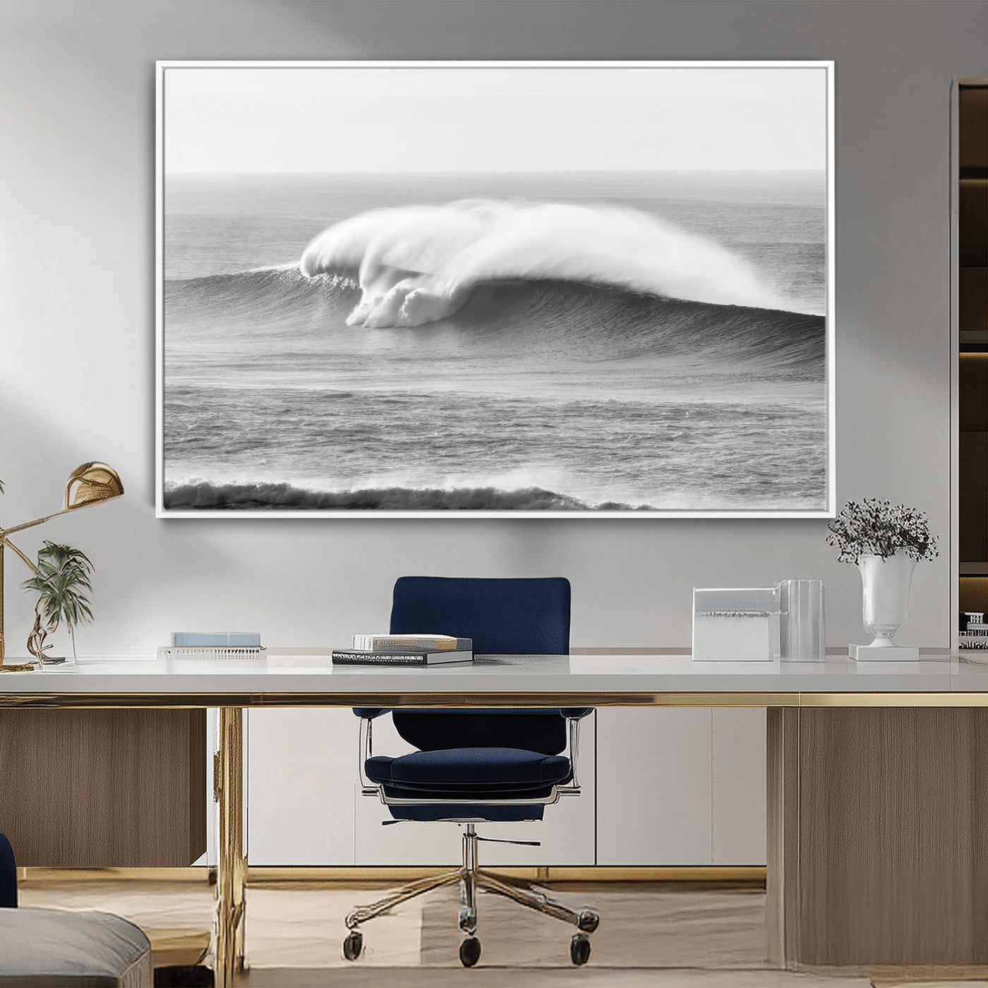 A dramatic black and white ocean wave crashing with immense force, capturing the raw power and movement of the sea in a bold seascape.