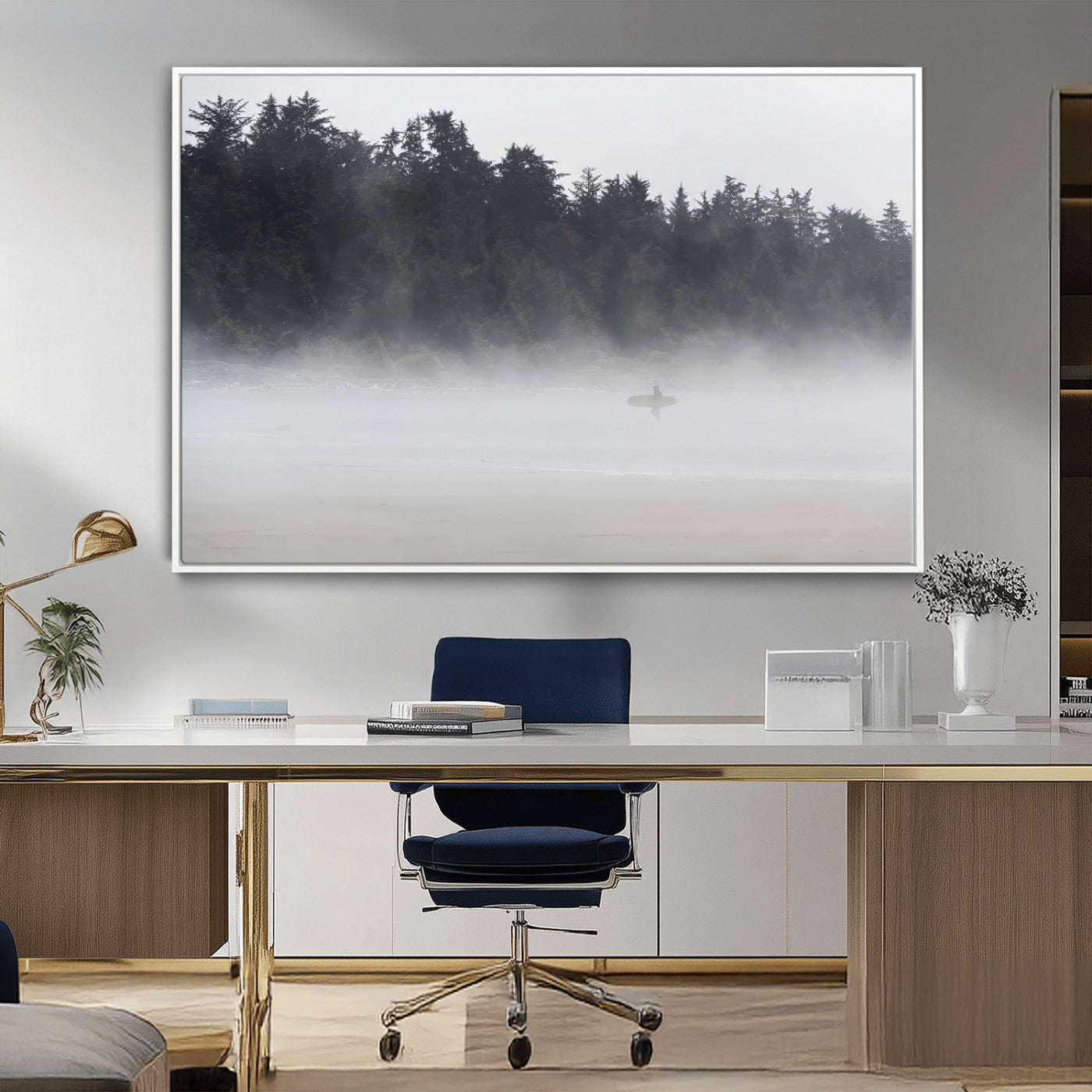 MGV-FC-36X24 - Surfer in Fog Wall Art Canvas Print, Framed Foggy Beach Art Picture Print, Coastal Surf Perfect Moody Coastal Decor Artwork