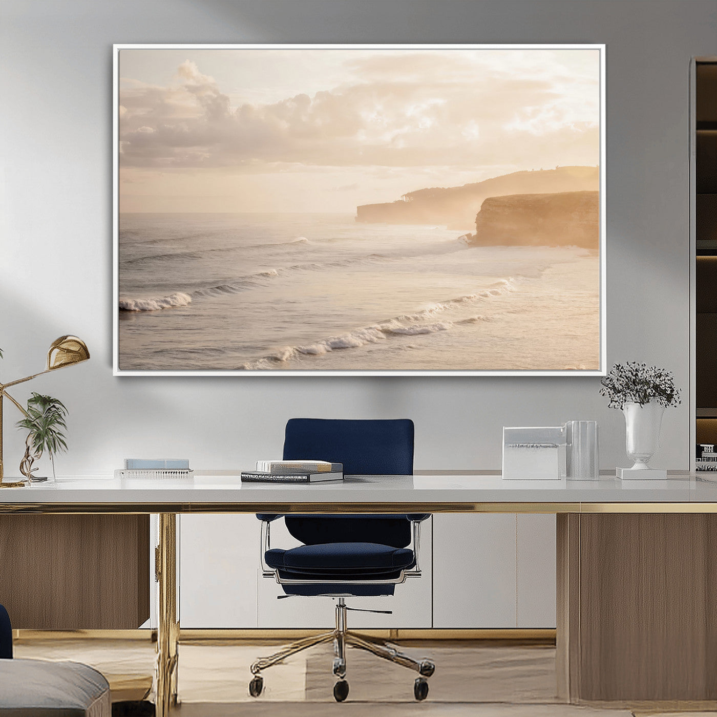 Golden hour seascape with misty cliffs and gentle waves rolling towards the shore, capturing a tranquil and warm coastal atmosphere.