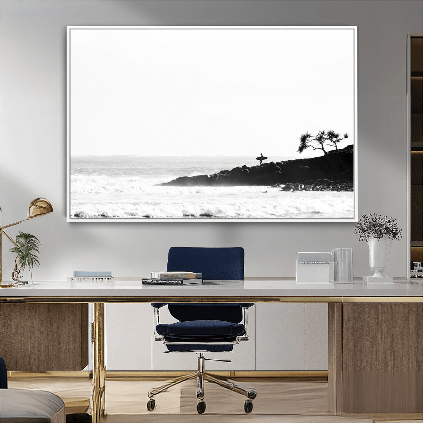 MGV-FC-36X24 - SurferCliffs Wall Art Canvas Print, Framed Black White Beach Art Picture Print, Ocean Waves Perfect Minimalist Coastal Decor Artwork
