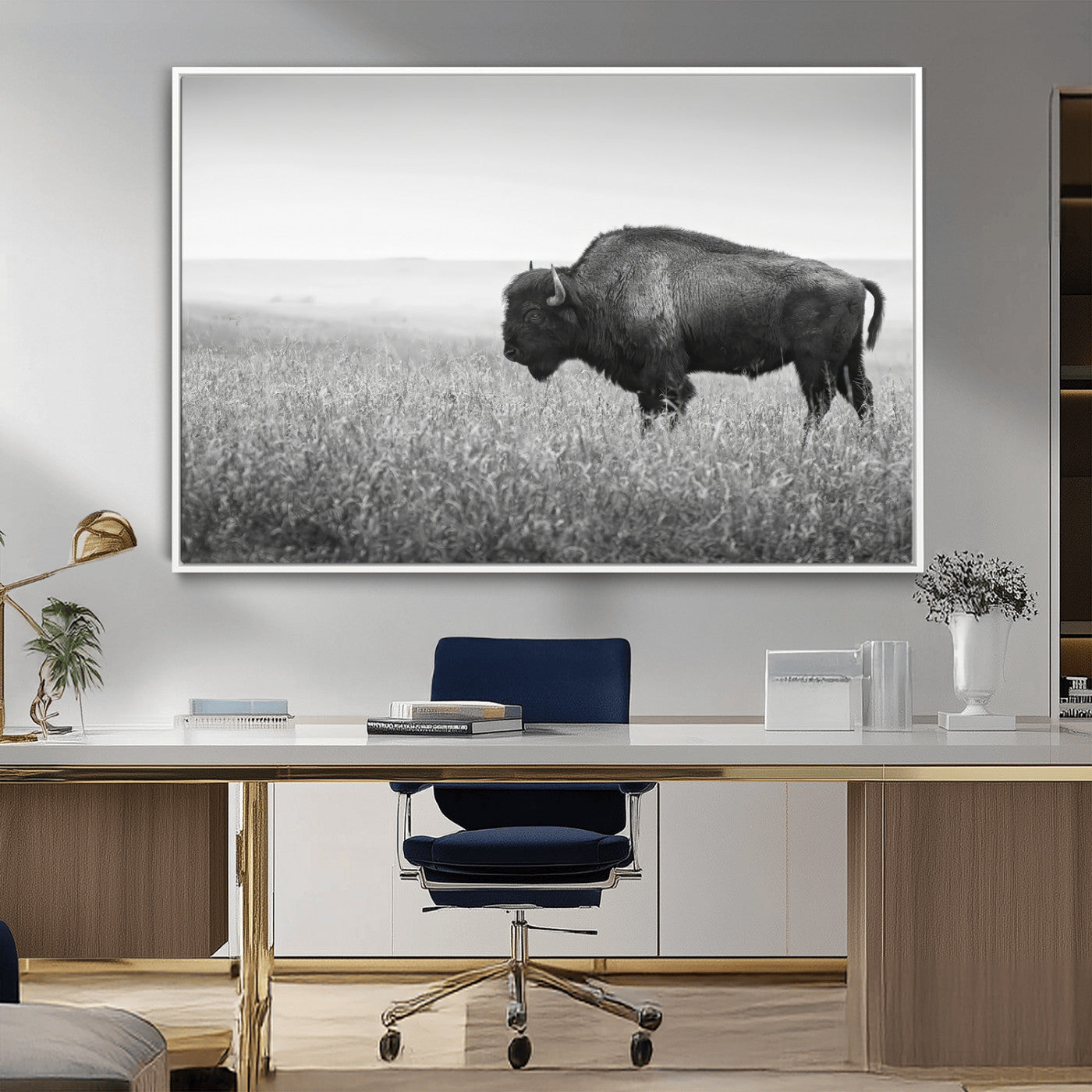 A black and white photograph of a majestic bison standing in a vast grassy prairie, evoking a sense of wilderness and strength.