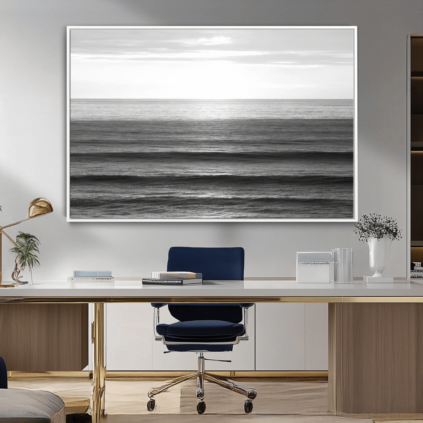 Minimalist black and white ocean view with layered waves reflecting sunlight, evoking a sense of calm and coastal serenity.