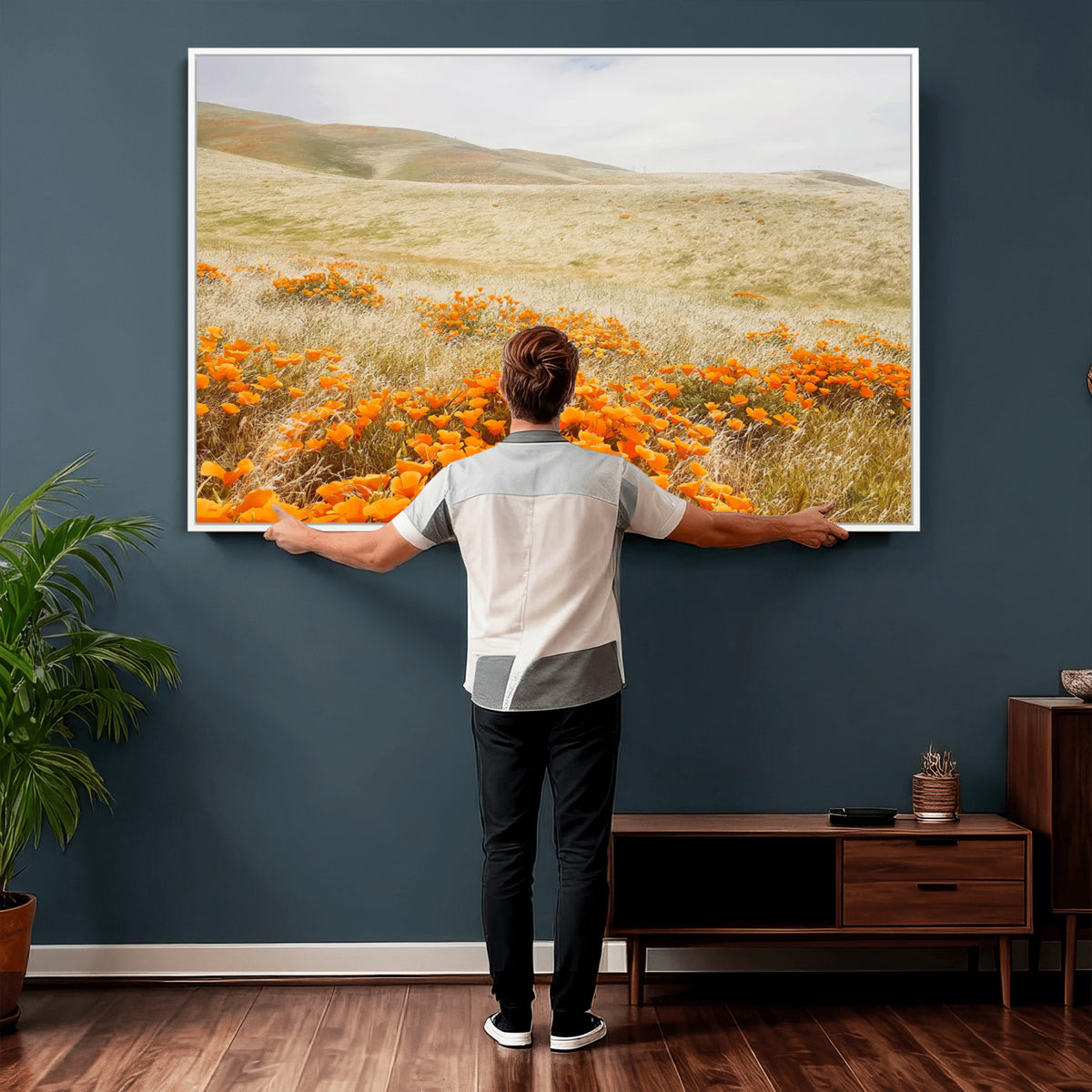 28972262-_Poster-30x20 - Golden Wildflowers Wall Art Canvas Print, Framed Hills and Poppy Meadow Scene