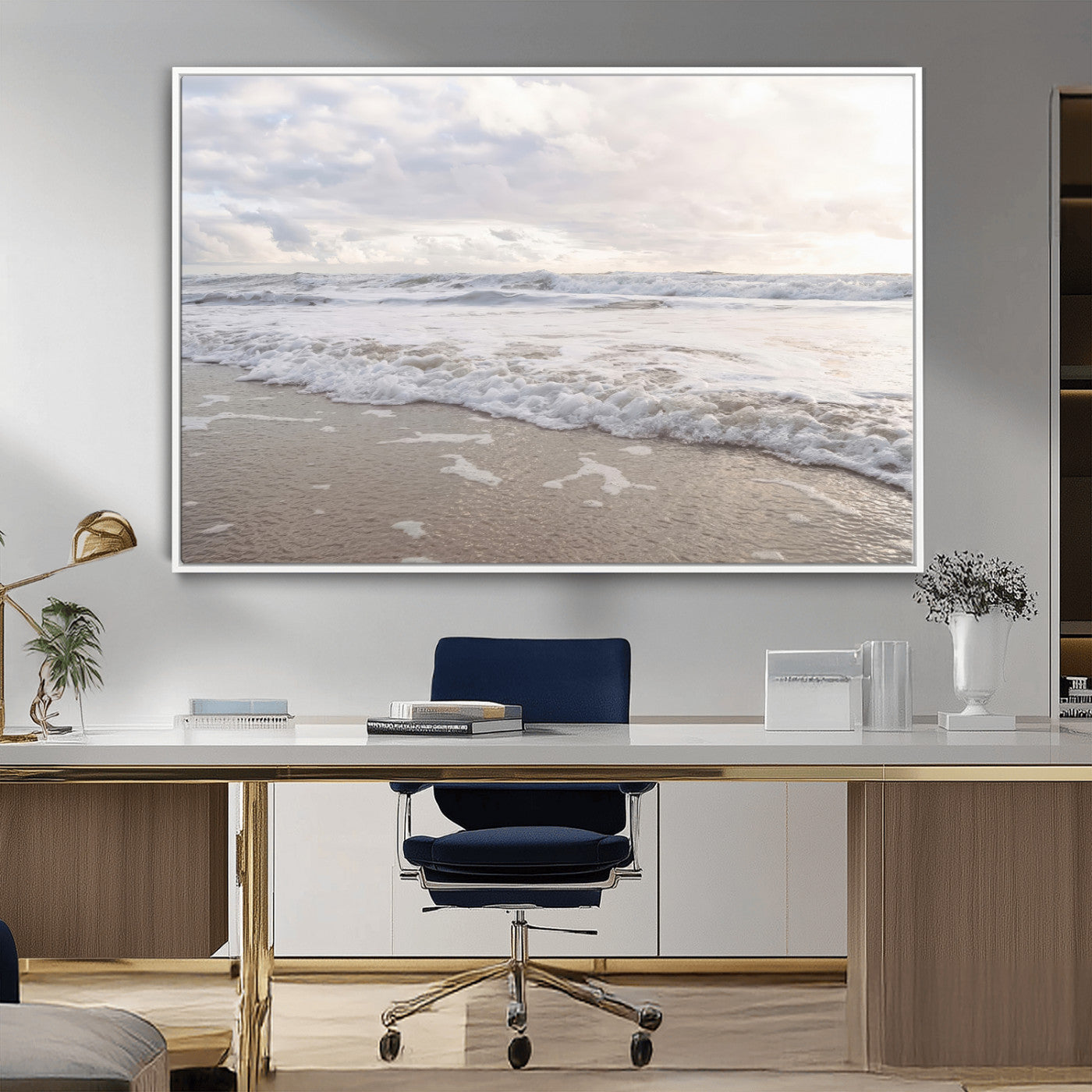 Peaceful ocean waves rolling onto the sandy shore under soft light, perfect for neutral or coastal minimalist decor themes.