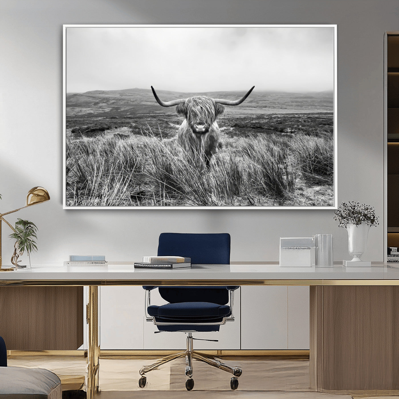 A black and white portrait of a Highland cow in a foggy Scottish countryside, capturing a rustic aesthetic and tranquil farm escape.
