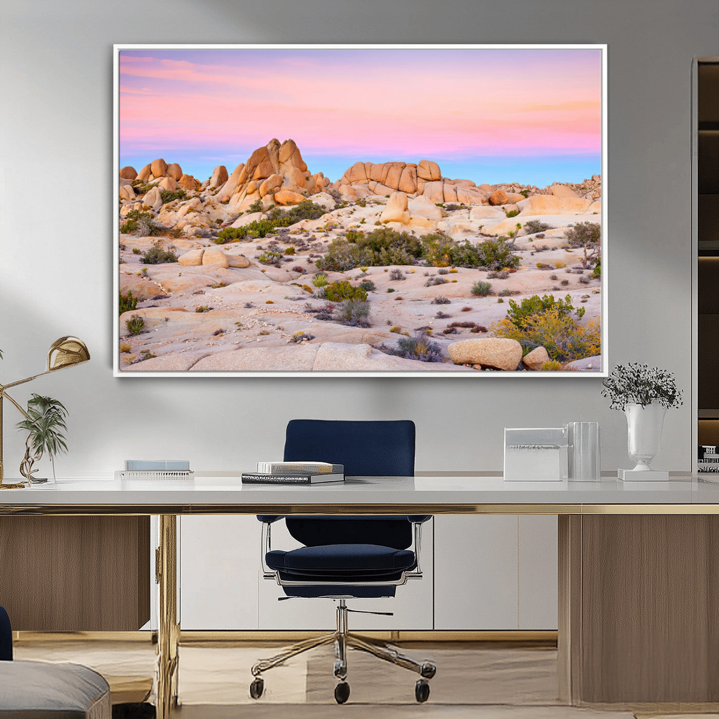 A breathtaking desert landscape featuring rugged rock formations under a vibrant pastel sunset sky, capturing the warmth and serenity of a Southwestern wilderness.