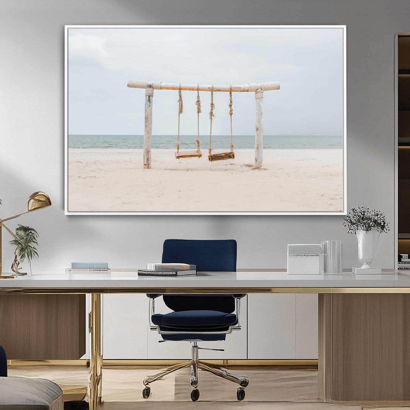 A rustic wooden beach swing stands on a serene sandy shore with an ocean horizon in the background, creating a tranquil and dreamy coastal escape.