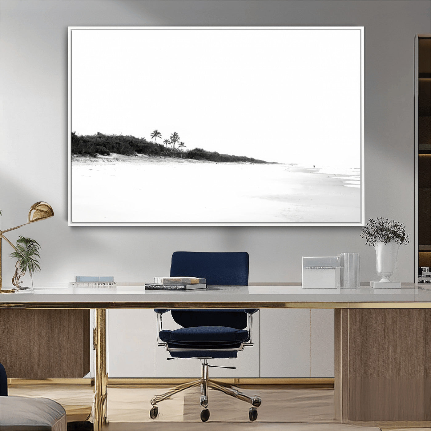 A black and white minimalist coastal scene with a vast open beach, distant palm trees, and a lone figure walking along the shoreline, evoking serenity and solitude.
