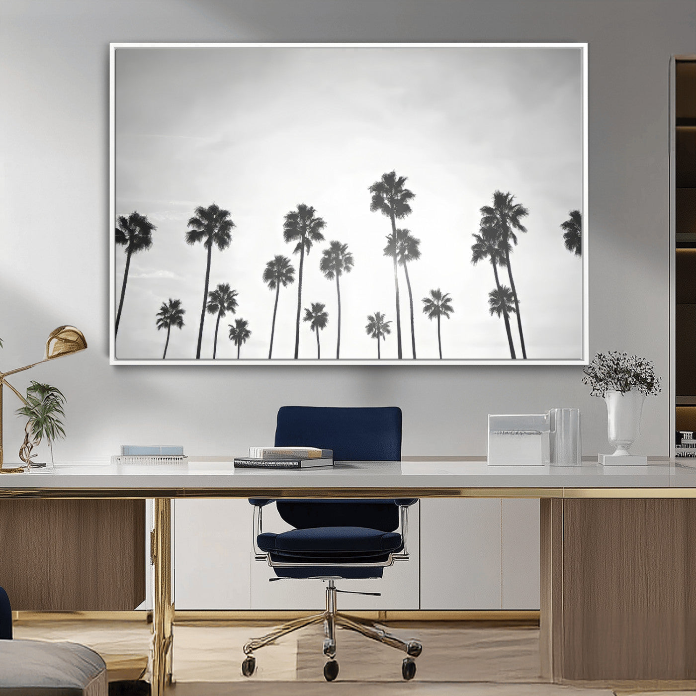 A black and white minimalist scene featuring tall palm trees silhouetted against a bright sky, creating a dreamy and timeless tropical aesthetic.
