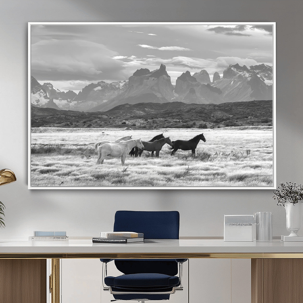 21655040-MGV-FC-36X24_White-Wild Horses Wall Art – Framed Black White Mountain Canvas Artwork, Rustic Countryside Design, Western Decor for Home, Office