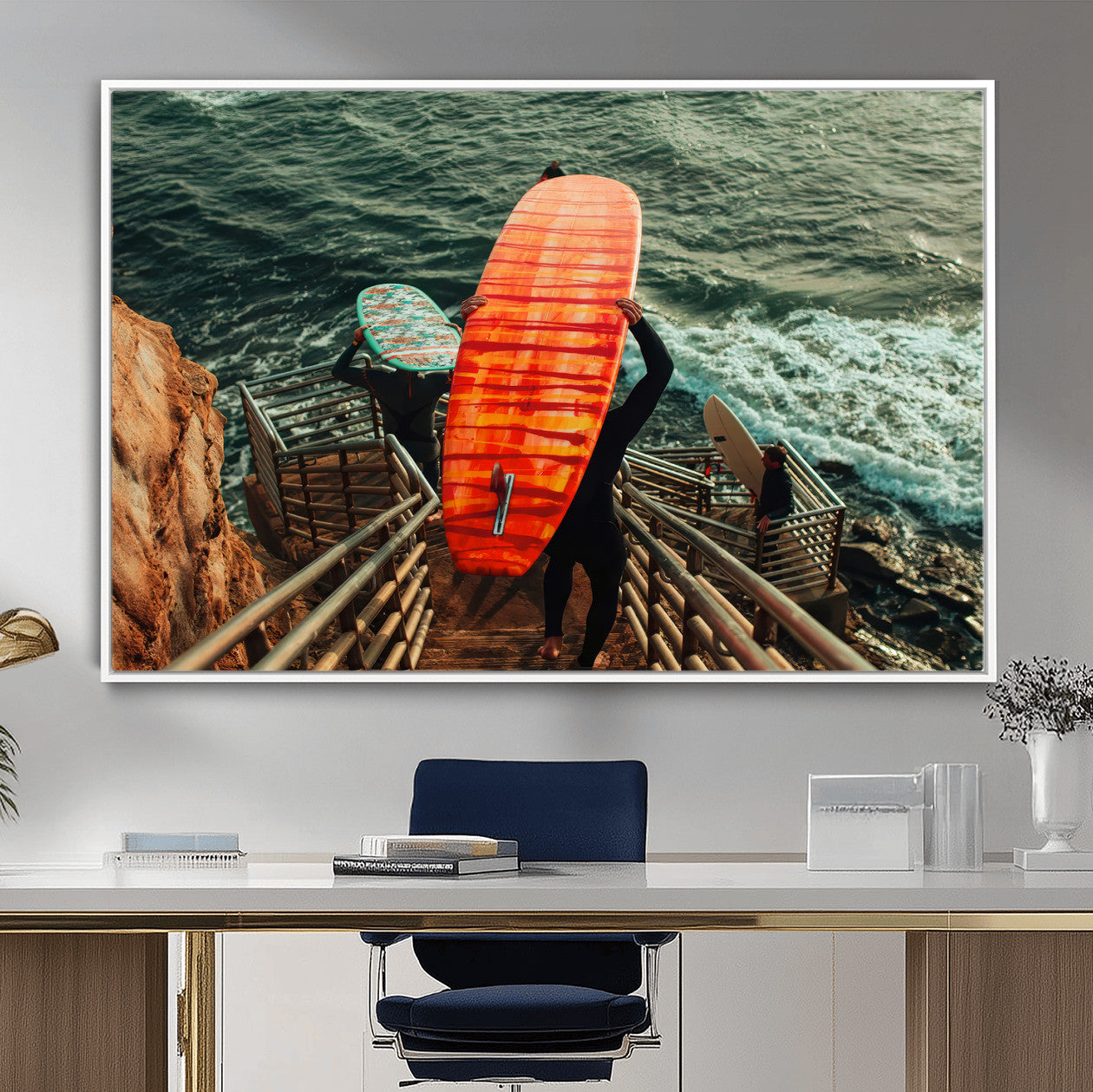 84555848-MGV-FC-36X24_White-Surfer Stairway Wall Art – Framed Ocean Surf Canvas Artwork, Sunset Coastal Design, Adventure Decor for Home, Office