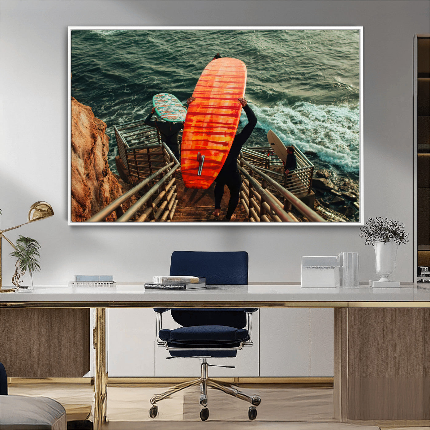 MGV-FC-36X24 - Surfer Stairway Wall Art Canvas Print, Framed Ocean Surf Art Picture Print, Sunset Coastal Perfect Coastal Adventure Decor Artwork