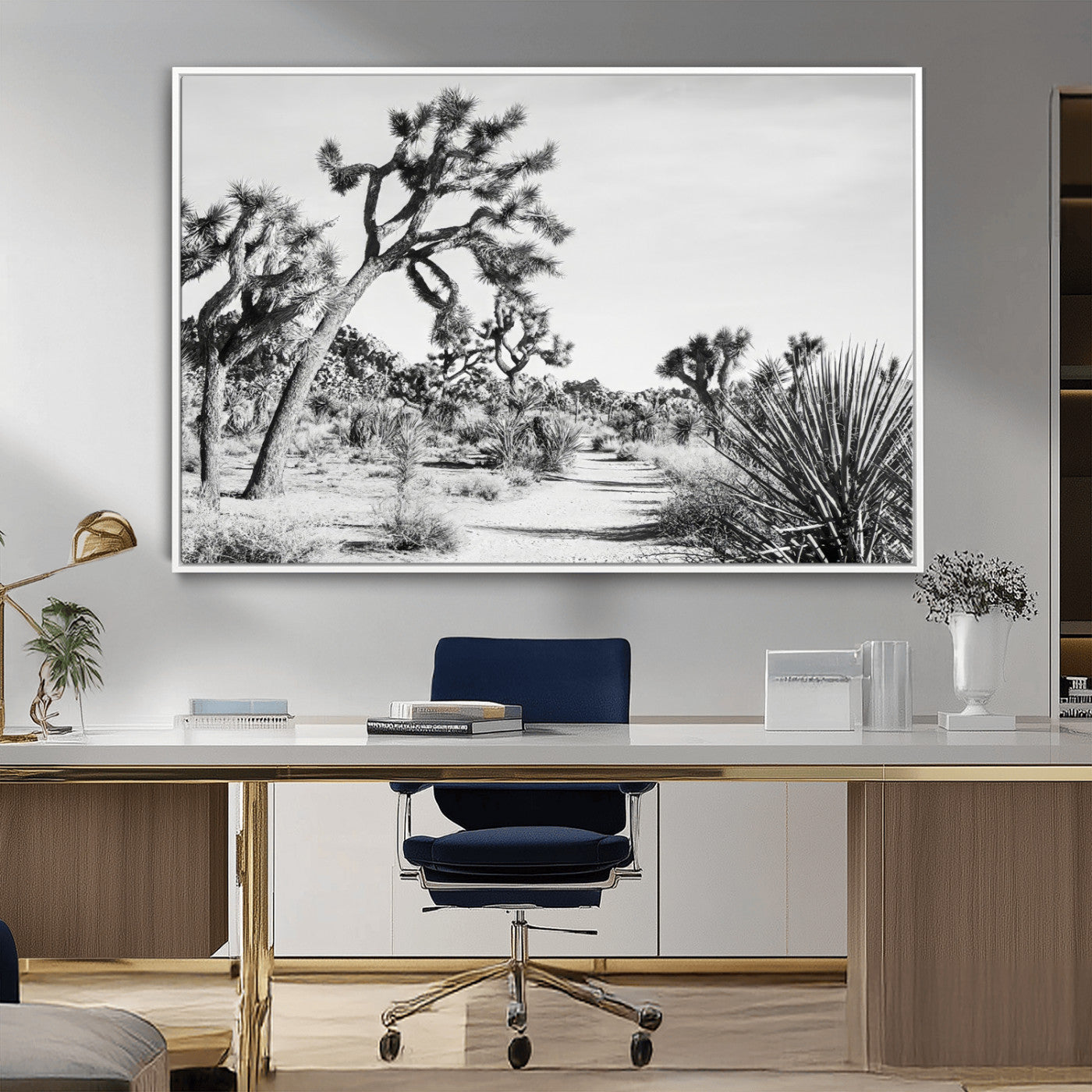 Canvas of a Joshua Tree forest in black and white tones, featuring a desert path and spiky vegetation, ideal for minimalist or rustic decor.