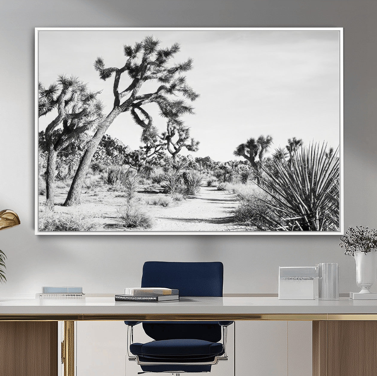 88164251-MGV-CV-36X24-Joshua Tree Desert Wall Art – Black & White Canvas Print, Nature Serenity Decor for Guest Room, Office or Living Room