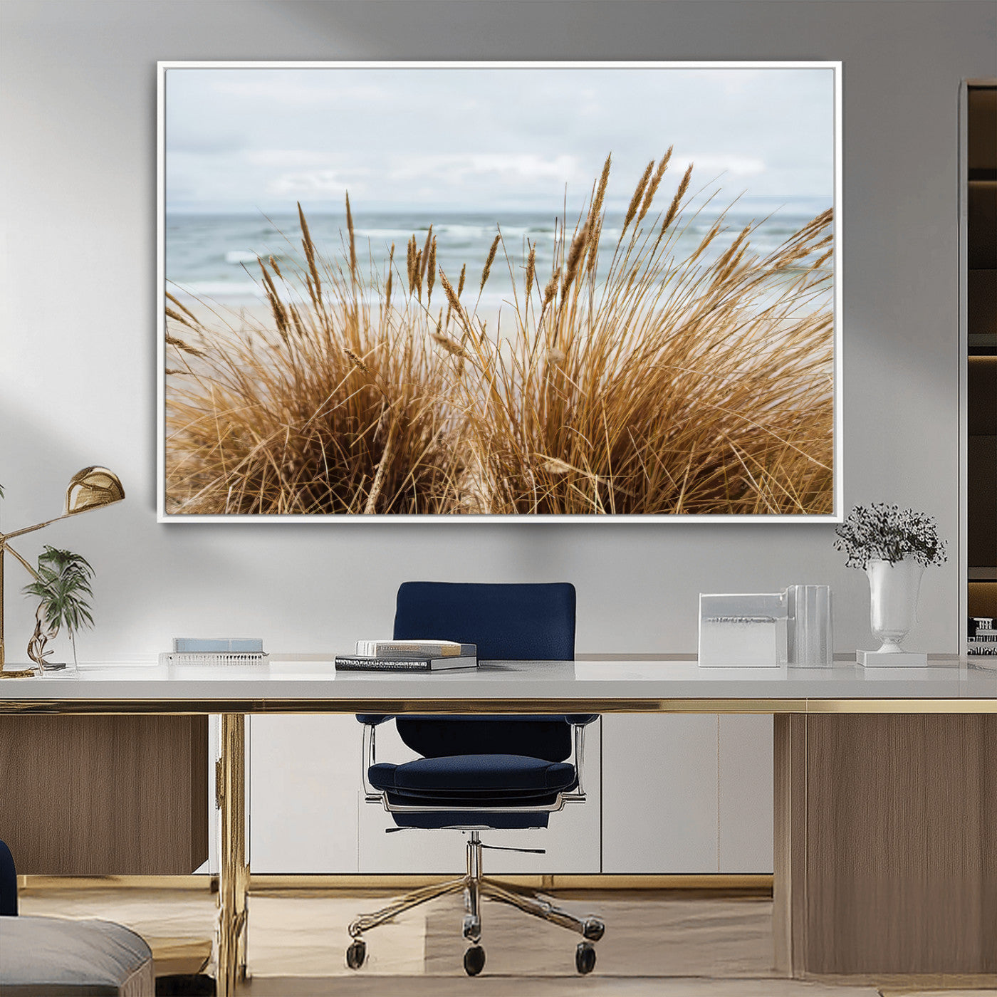 Canvas of golden beach grass swaying by the ocean under a soft cloudy sky, perfect for neutral-toned or coastal minimalist decor.
