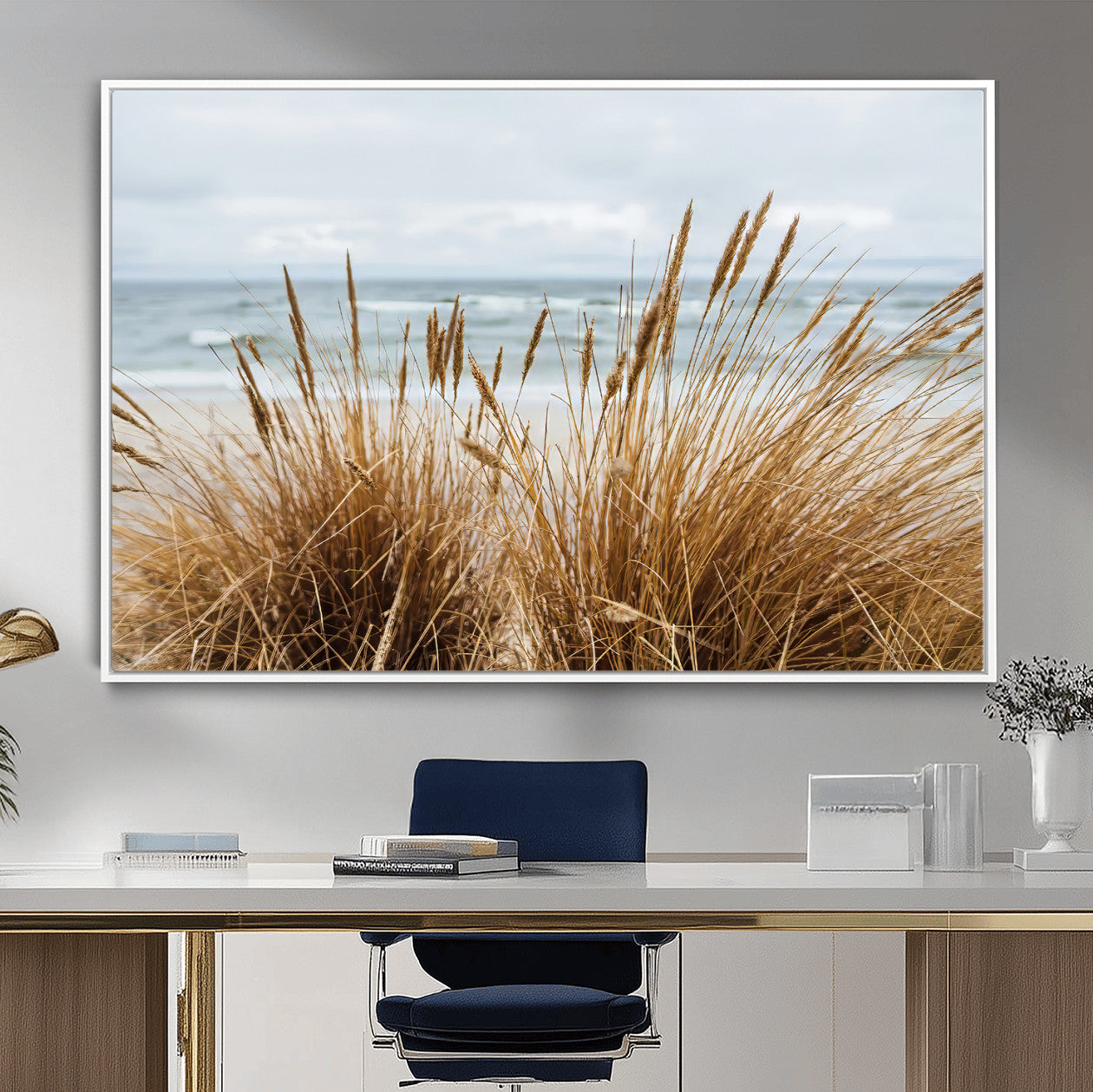 14270839-MGV-CV-36X24-Beach Grass Wall Art – Framed Coastal Dunes Canvas Artwork, Minimal Seaside Design, Modern Coastal Decor for Home, Office
