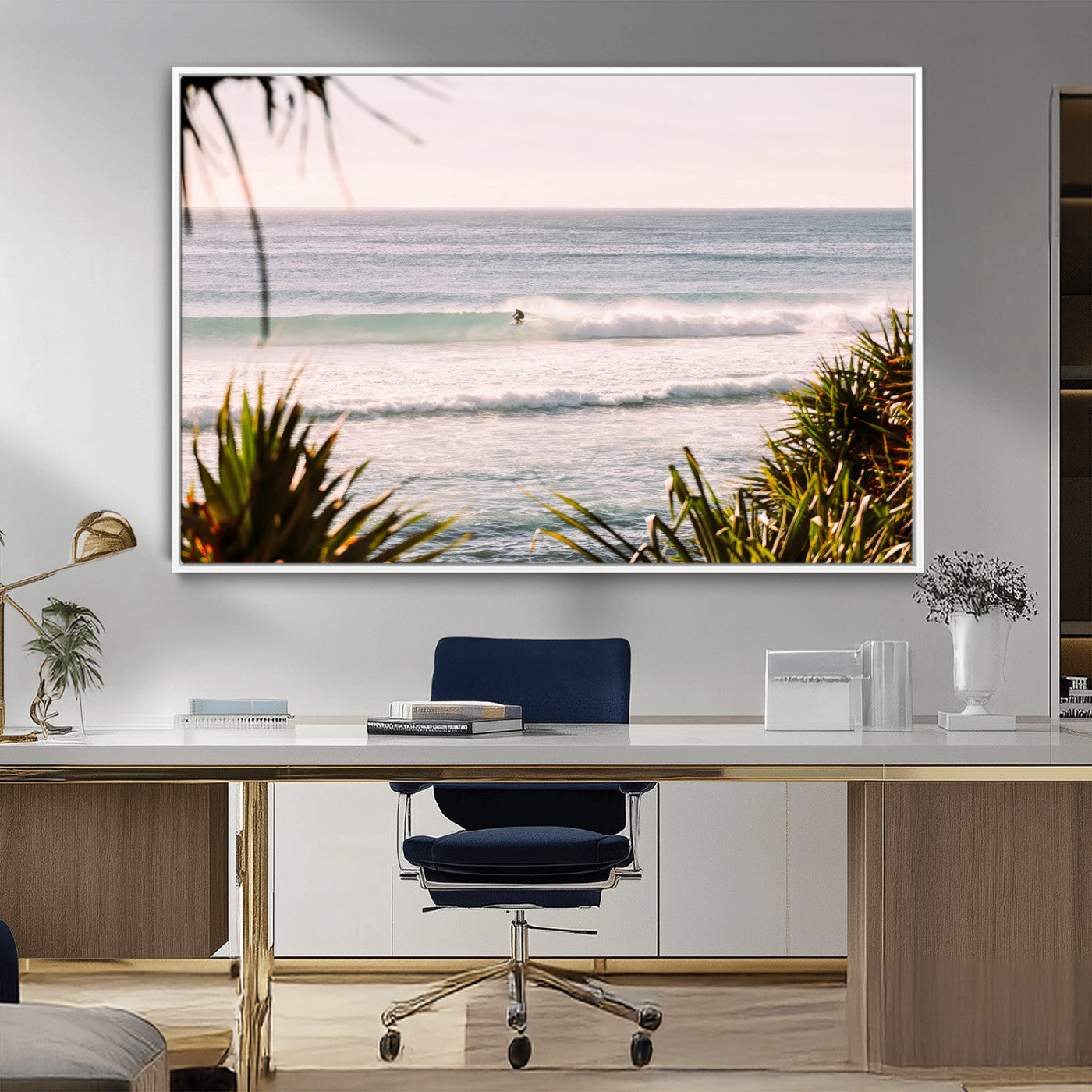 Canvas of a lone surfer riding a pastel wave at sunrise, perfect for tropical or coastal-themed spaces with a relaxed, airy vibe.