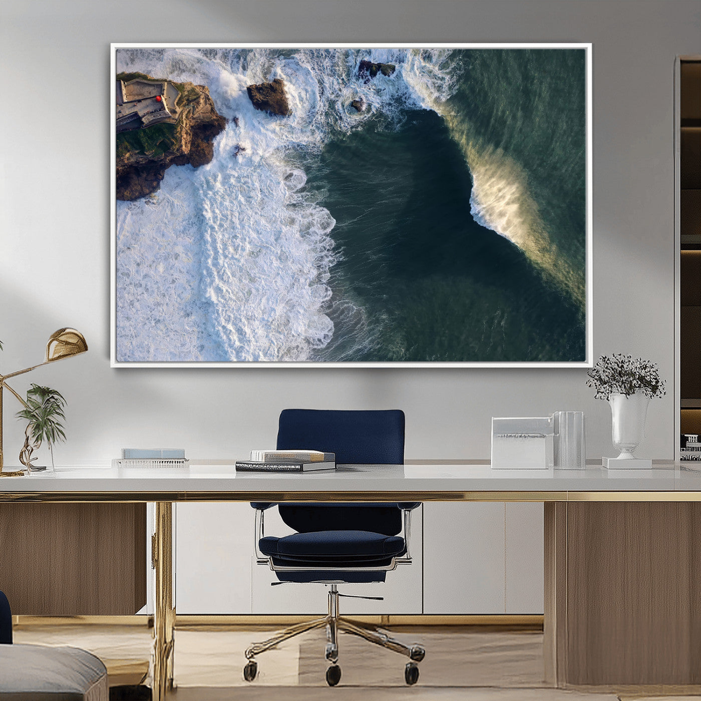 Canvas showing an aerial view of crashing waves along the Nazaré coastline, perfect for dramatic coastal or ocean-themed home decor.