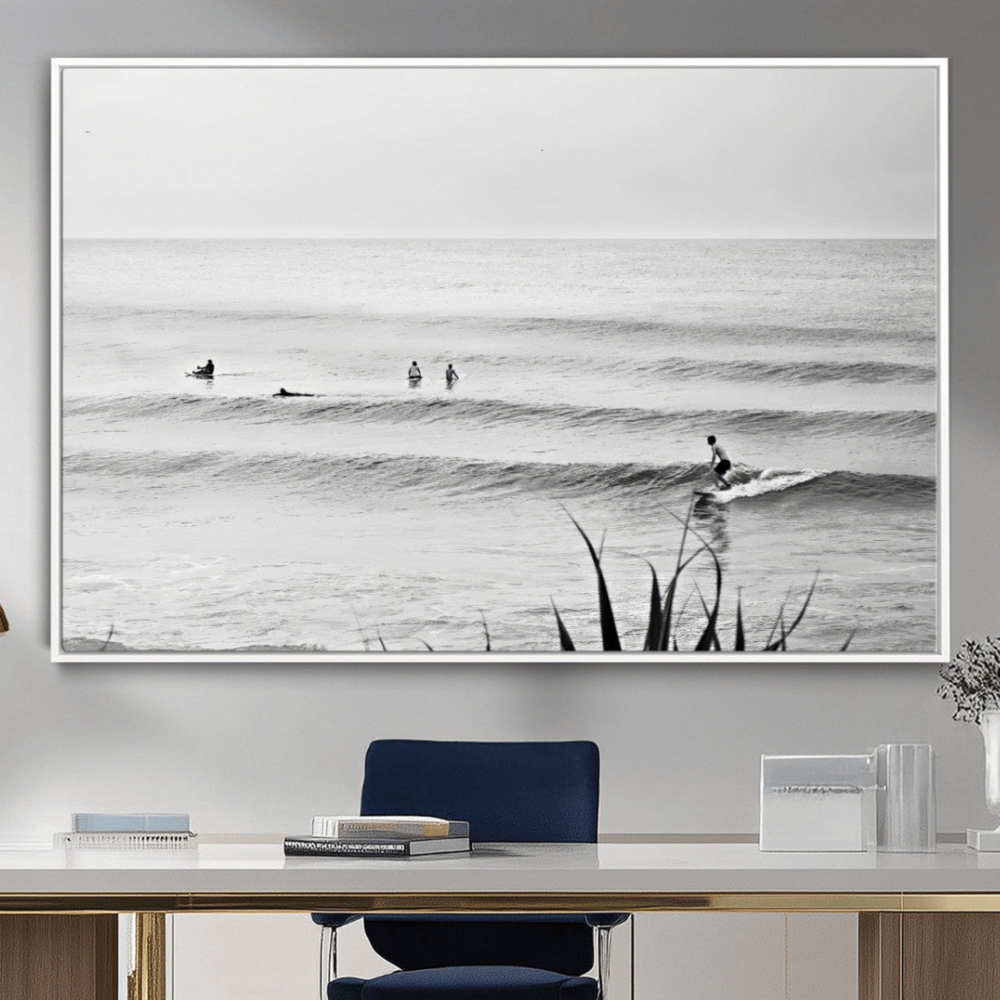 33821421-MGV-CV-36X24-Surfer Silhouette Wall Art Canvas Print – Framed Calm Ocean Scene with Monochrome Surf Artwork for Home, Office