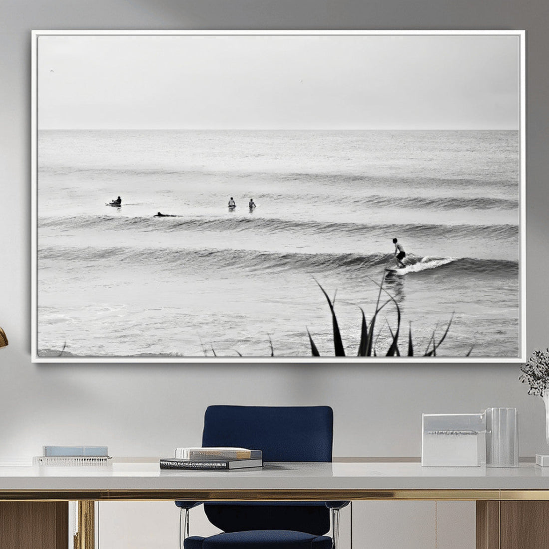 Surfer Silhouette Wall Art Canvas Print, Framed Calm Ocean, Monochrome Surf Scene
