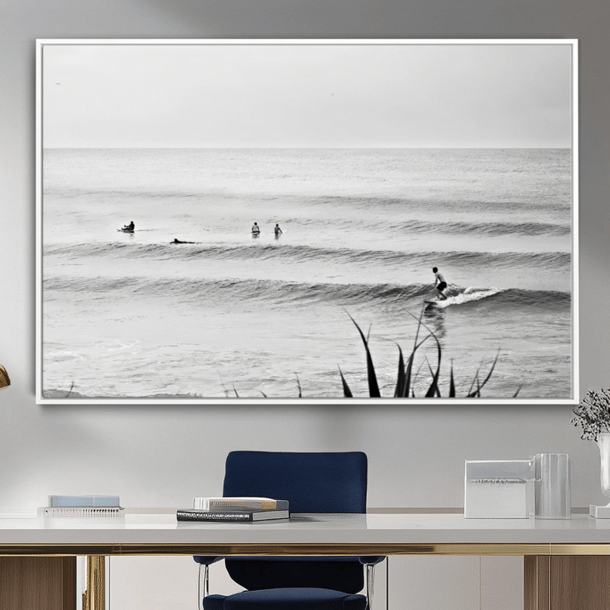 87750525-MGV-CV-36X24-Surfer Silhouette Wall Art Canvas Print – Framed Calm Ocean Art Picture Monochrome Surf Artwork for Home Office