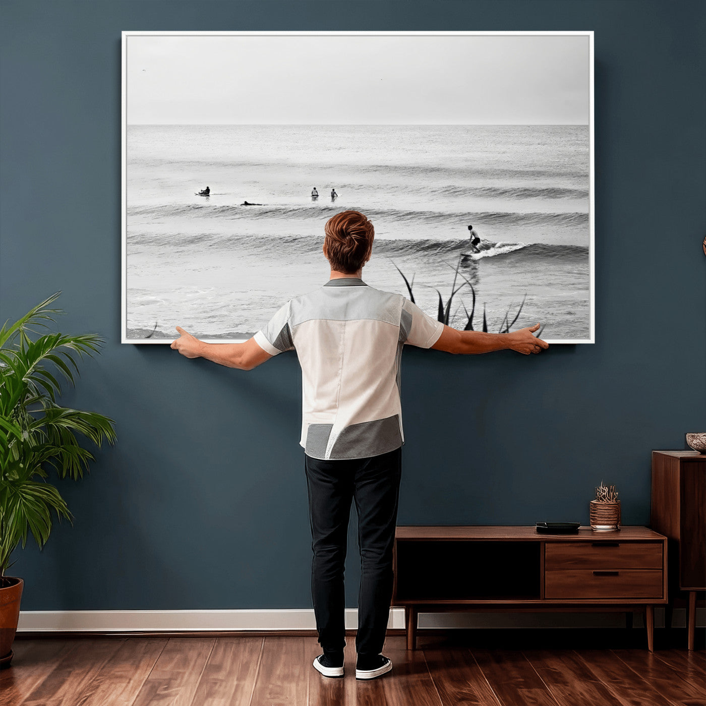 33821421-MGV-CV-36X24 - Surfer Silhouette Wall Art Canvas Print, Framed Calm Ocean Art Picture Print, Monochrome Surf Minimalist Coastal Decor Artwor