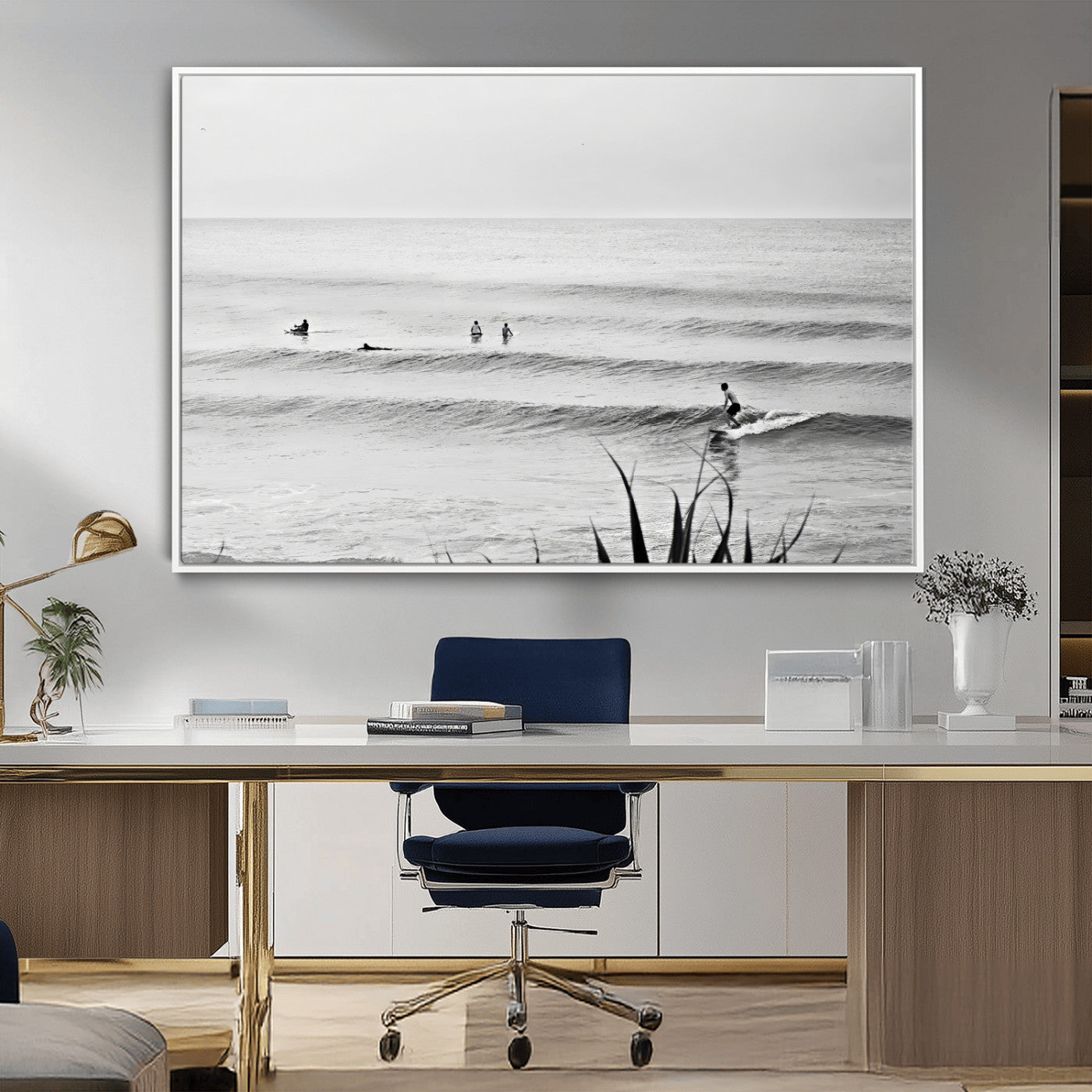 Monochrome canvas of surfers on calm ocean waves, ideal for minimalist coastal or beach-inspired interior decor.