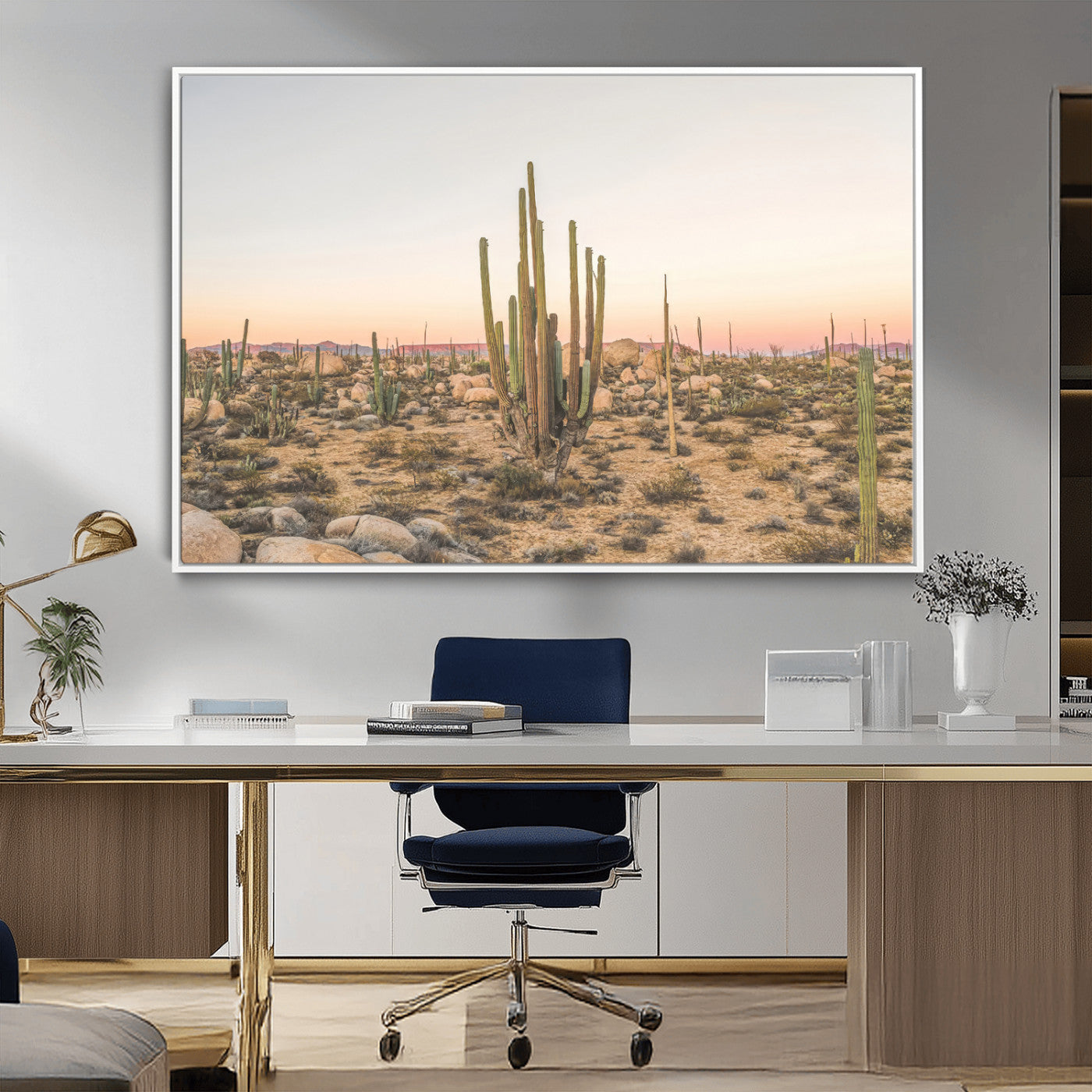 Canvas of tall desert cacti in warm sunset tones over a rocky Baja landscape, ideal for earthy or Southwestern-style home decor.