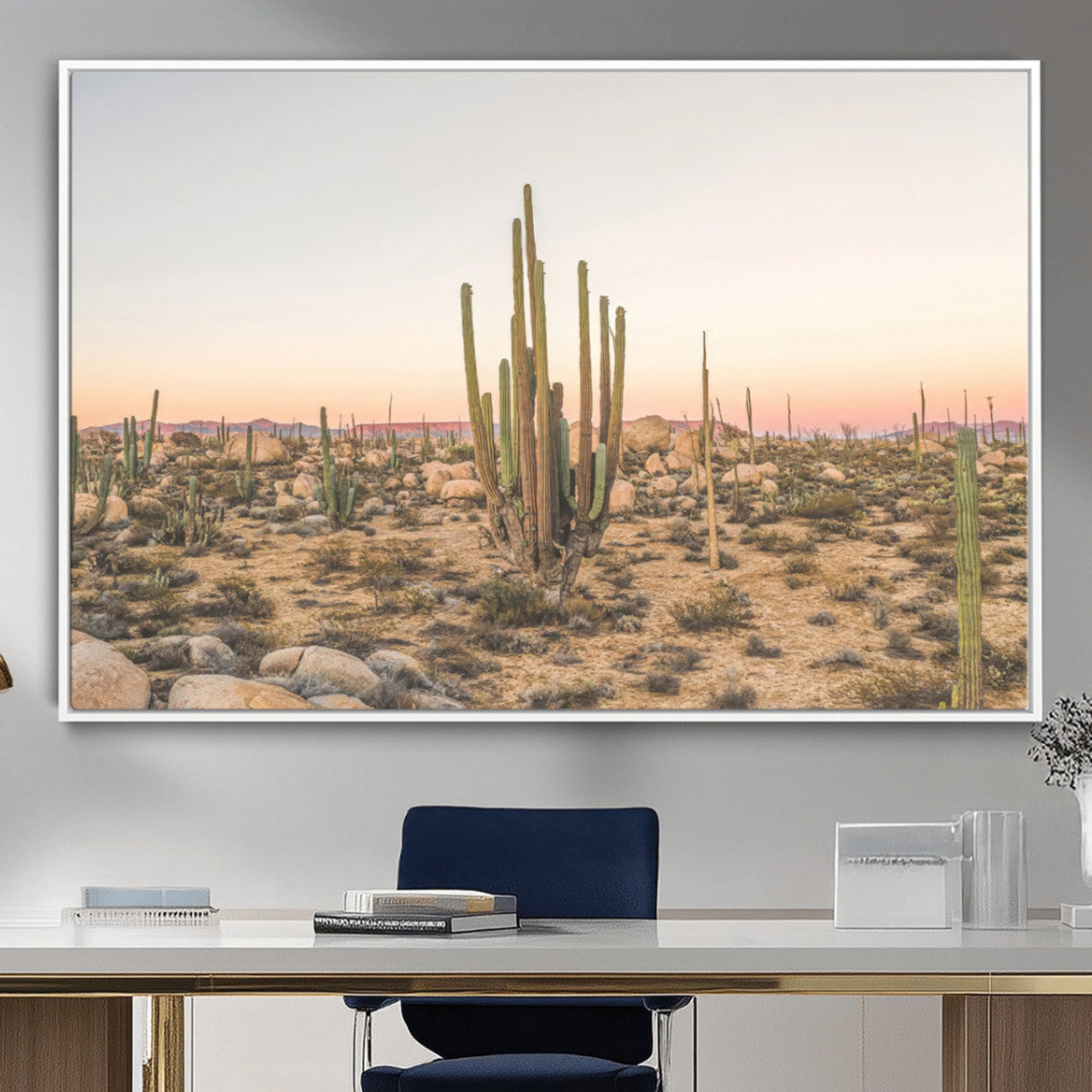 Canvas of tall desert cacti in warm sunset tones over a rocky Baja landscape, ideal for earthy or Southwestern-style home decor.