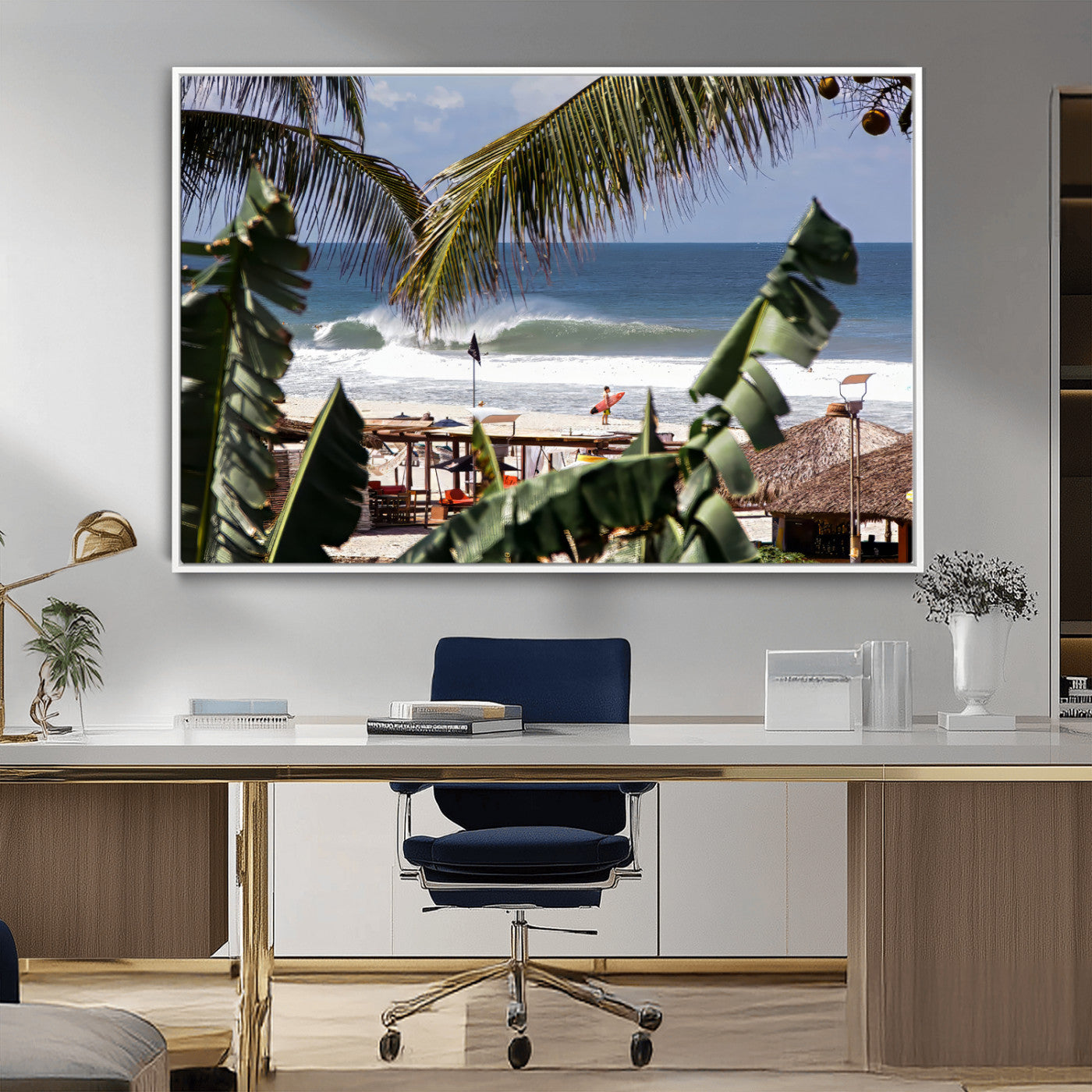 Canvas wall art of a tropical surf scene framed by palm trees, with a surfer on the shore and waves rolling in, ideal for beach-themed decor.
