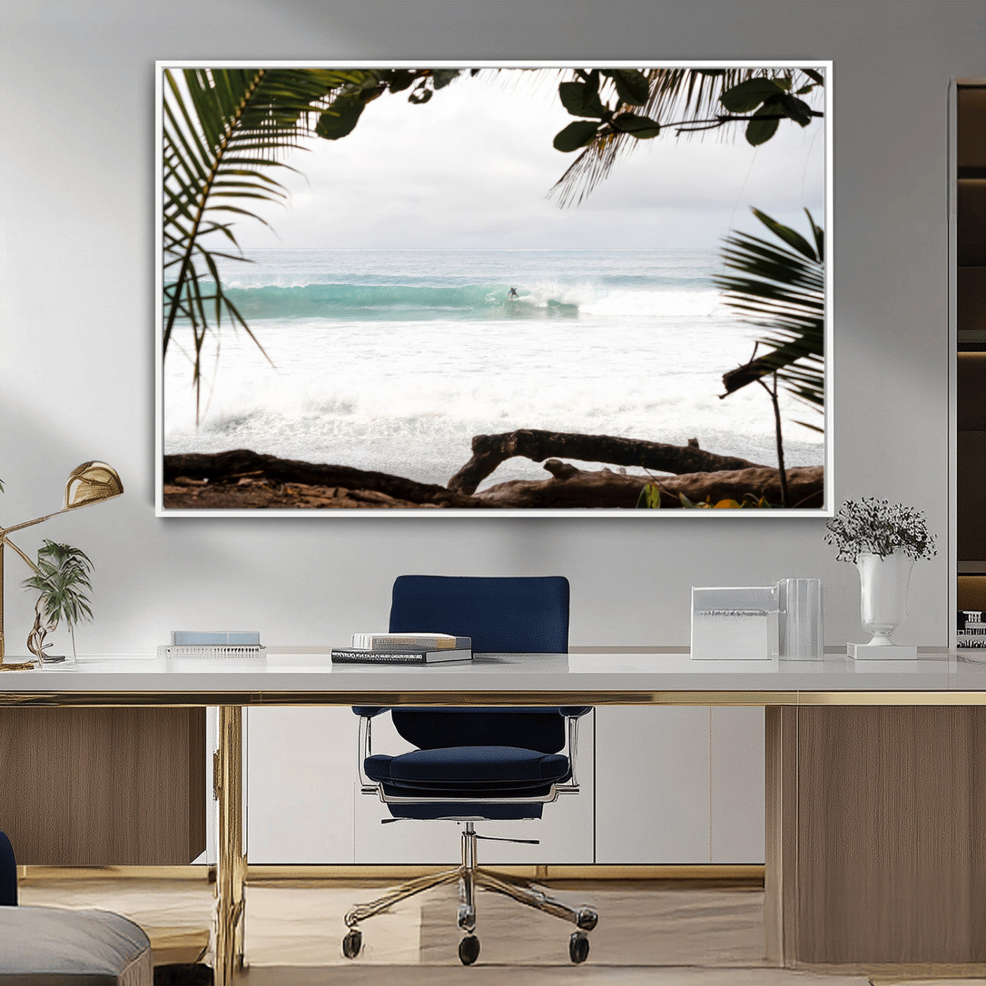 Tropical beach view with palm trees and surfer riding a wave, perfect for boho or coastal-inspired interior wall decor.
